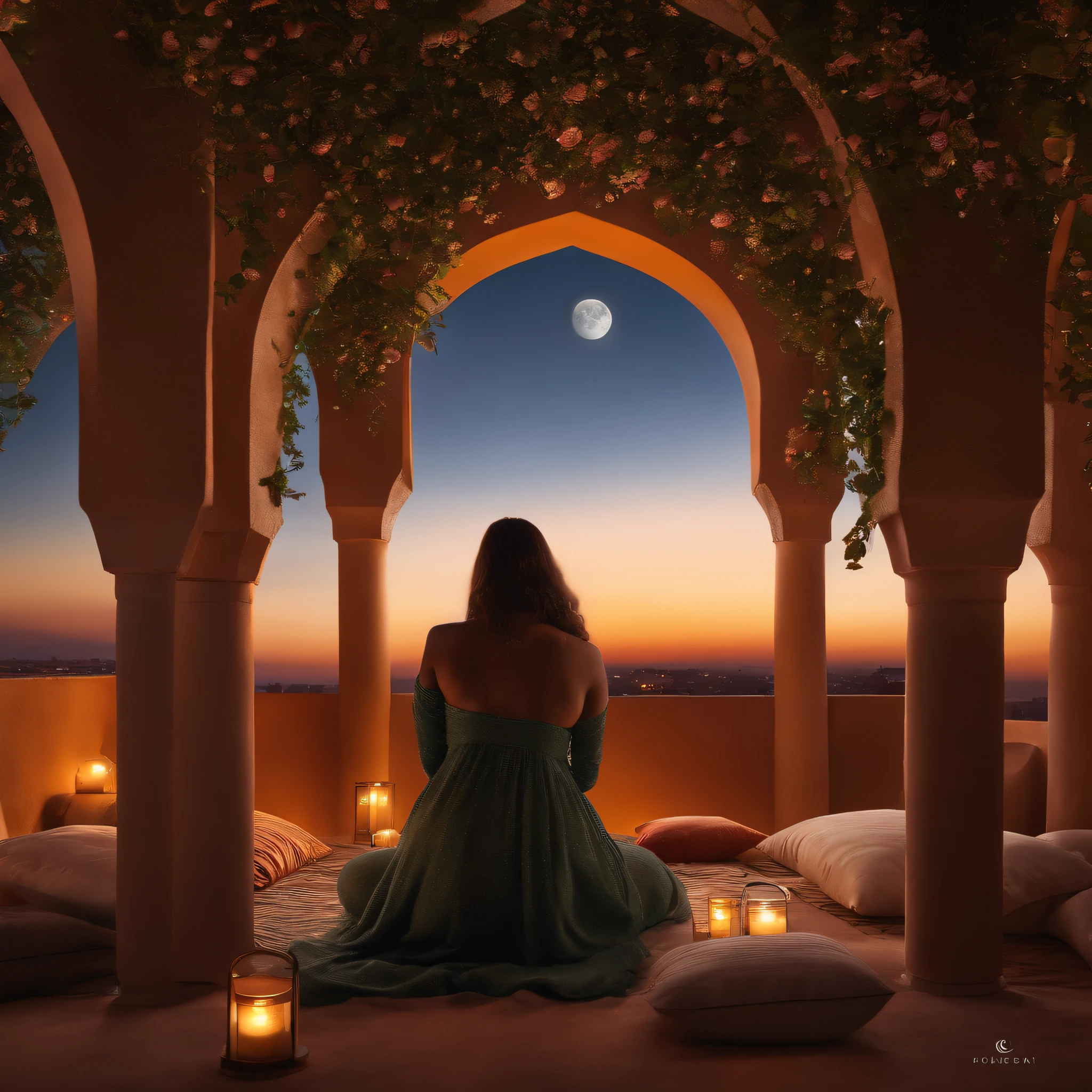 hyper realistic photo, ultra detailed photograph of a beautiful Moroccan rooftop, (one young thin man and one curvy woman from behind), face hidden, towards view, praying together, male and female holding eachother, photorealistic, (riad rooftop), (pillows), (Marrakech view), colorful sunset, stunning moon, shimmering stars, iridescent, hyperrealism, moroccan lamps, Ultra photoreal, Intricate details, Ultra detailed, photorealistic, great high details, hyper real photo, 8k, extreme quality, (gorgeous roses), exotic, glimmering lights, magical, romantic, wishing, sexy, brunette