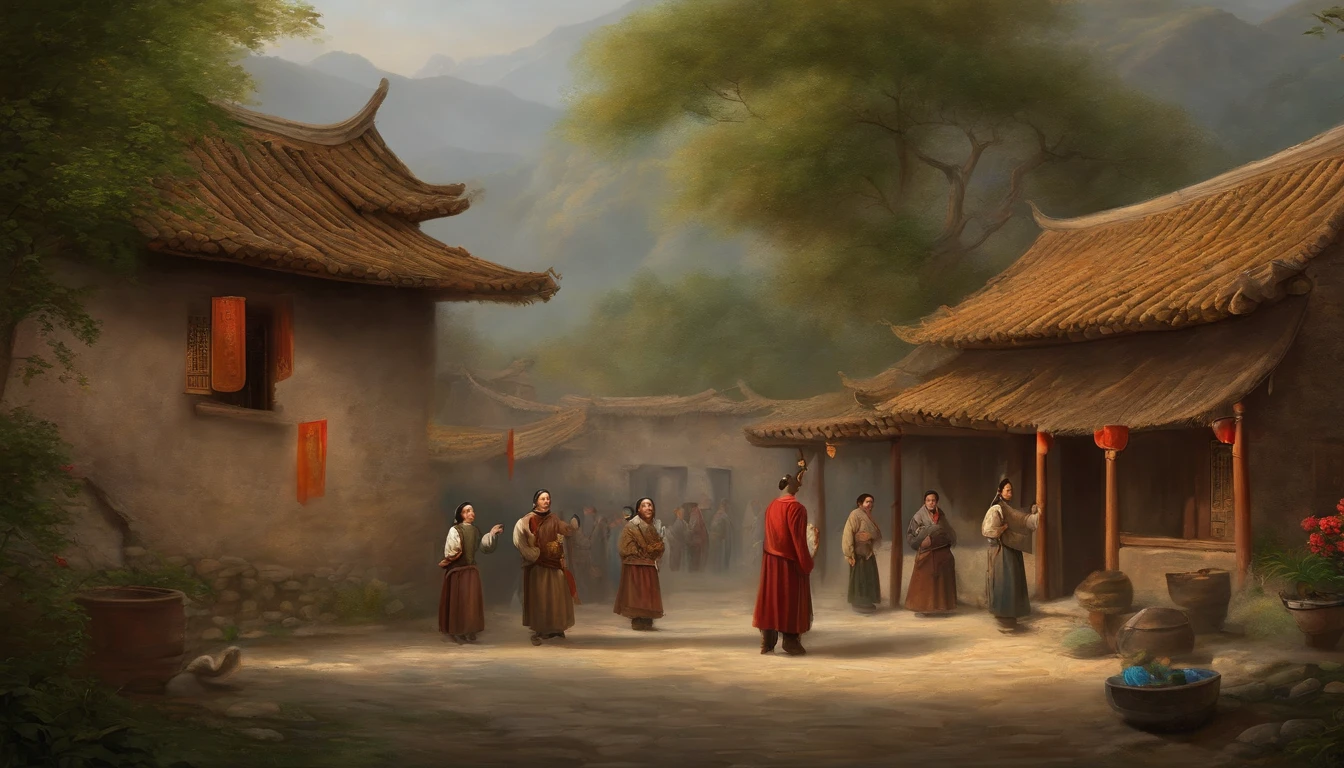 Uma tela de pintura exposta na rua, in a Chinese village of medieval times. A tela se encontra de costas, sem mostrar a imagem pintada. The screen is being viewed by at least three people, who are amazed and in awe of the painting.