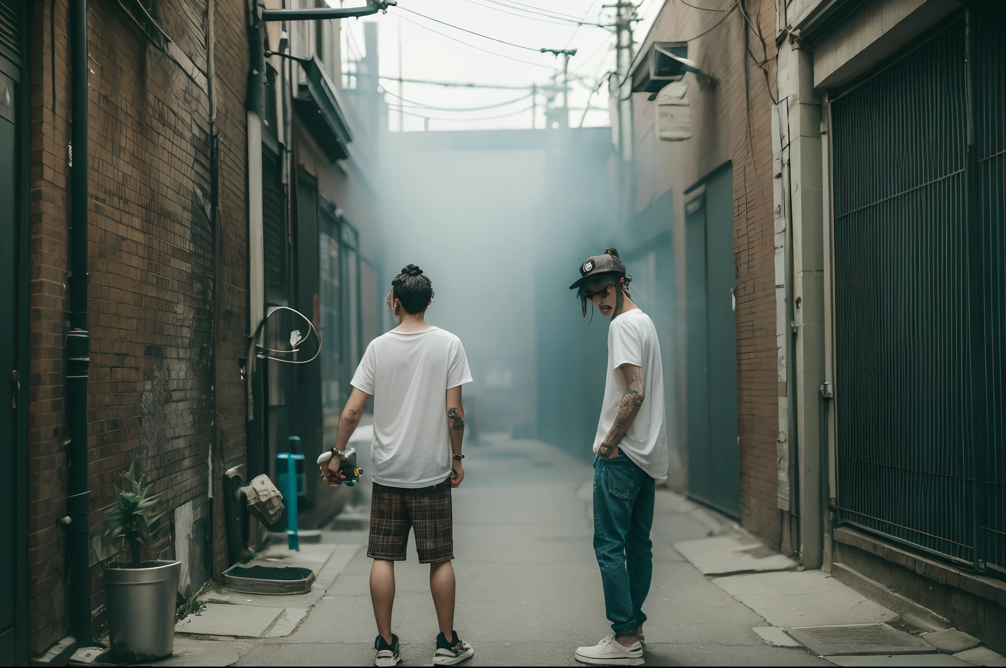Cannabis in a back alley in downtown、Cannabis buds、Woman smoking cannabis、Massive amount of white smoke from the mouth、Cool tattoos on the body、chill time