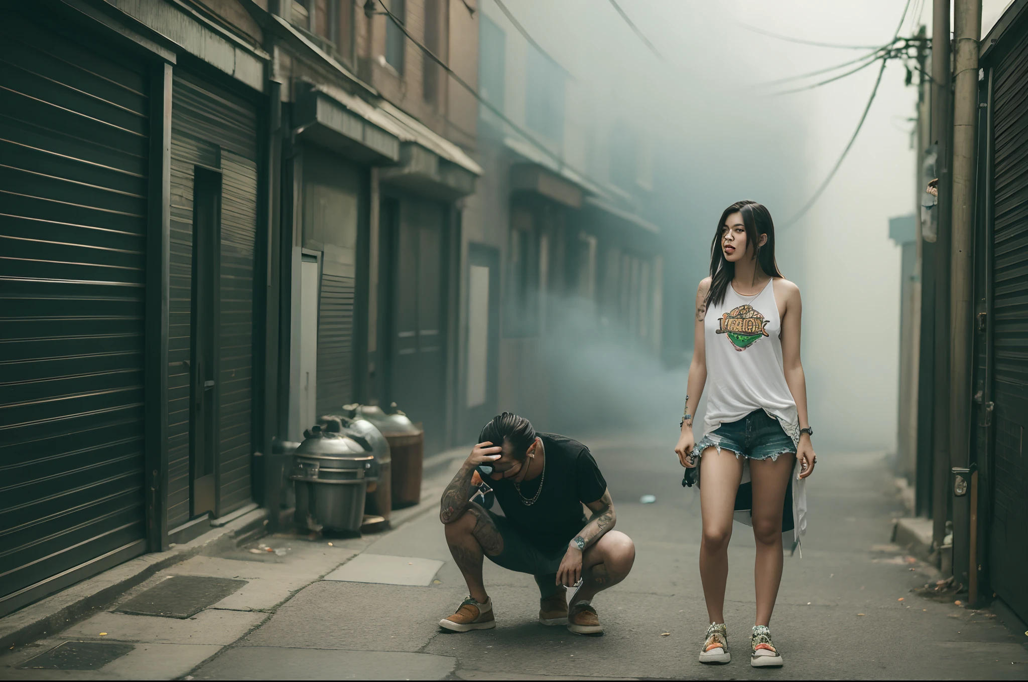 Cannabis in a back alley in downtown、Cannabis buds、Woman smoking cannabis、Massive amount of white smoke from the mouth、Cool tattoos on the body、chill time