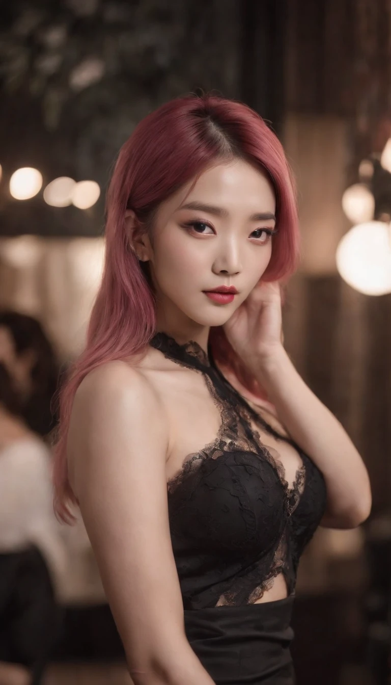 A beautiful Korean girl，Long pink hair，Tattooed with，full bodyesbian，Wearing a collar，Wear a black lace bra，Wear black lace panties，Wear stiletto heels，Wear black pantyhose，Bad girl，s the perfect face，Put on light makeup，Wear a ruby ring，Cool and funky style，On the dance floor，Ultra photo realsisim，8K