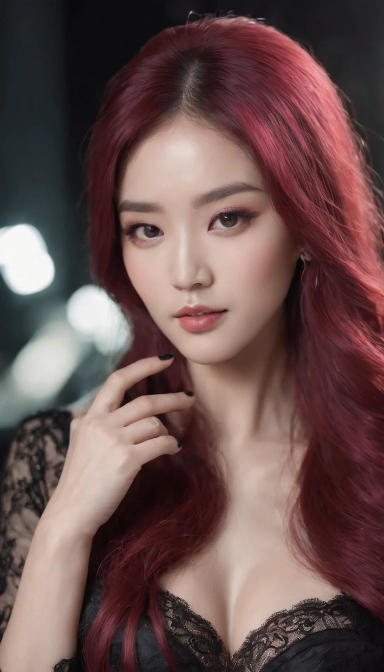 A beautiful Korean girl,Long pink hair,Tattooed with,full bodyesbian,Wearing a collar,Wear a black lace bra,Wear black lace panties,Wear stiletto heels,Wear black pantyhose,Bad girl,s the perfect face,Put on light makeup,Wear a ruby ring,Cool and funky style,On the dance floor,Ultra photo realsisim,8K
