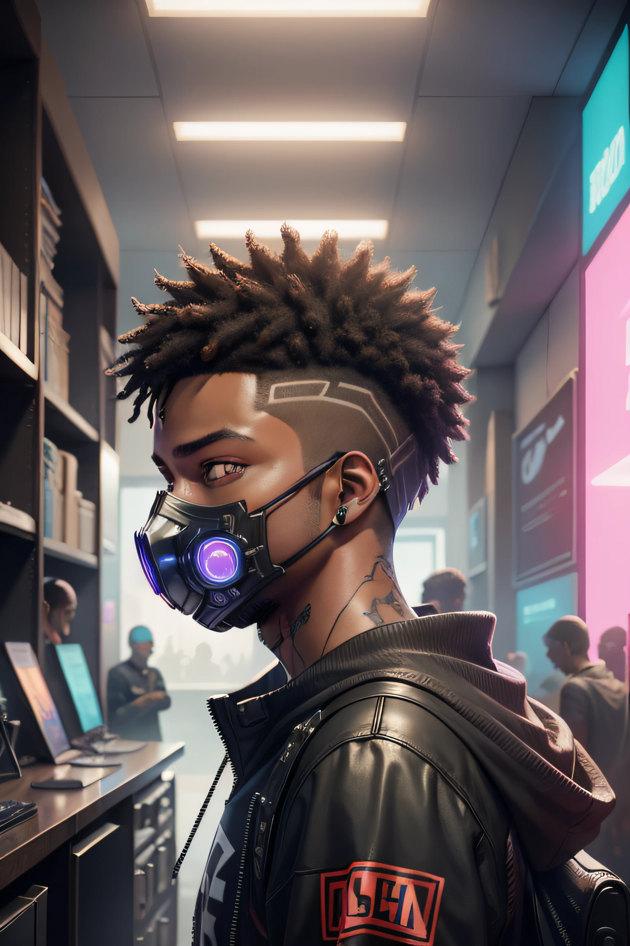 A black boy with a mask, sentado em uma sala de jogos, Cyberpunk, altamente detalhado, high resolution