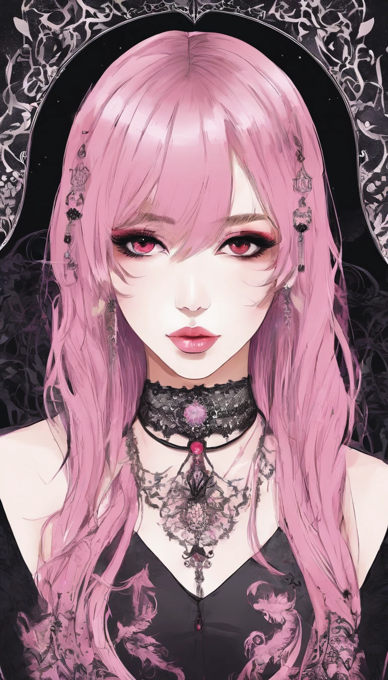 A beautiful Korean girl,Long pink hair,Tattooed with,full bodyesbian,Wearing a collar,Wear a black lace bra,Wear black lace panties,Wear stiletto heels,Wear black pantyhose,Bad girl,s the perfect face,Put on light makeup,Wear a ruby ring,Cool and funky style,On the dance floor,Ultra photo realsisim,8K