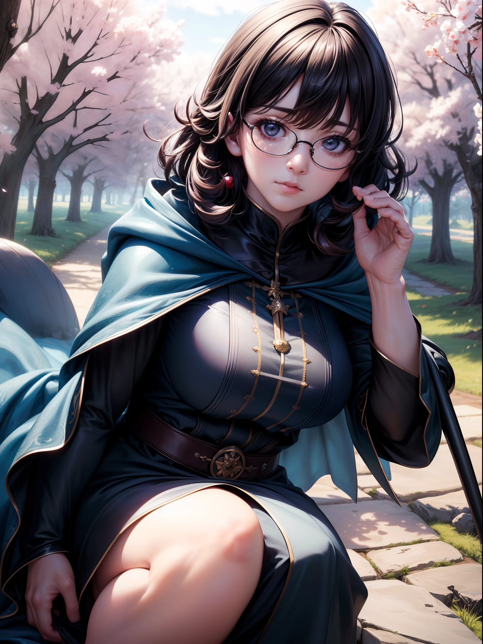 (anime style,pose for a portrait,female wizard,plump,curling short black hair,black eyes,dark blue cloak,light blue tunic,large round glasses,magical background,cherry trees,best quality,ultra-detailed,realistic:1.37,vivid colors,sharp focus,portraits,studio lighting)