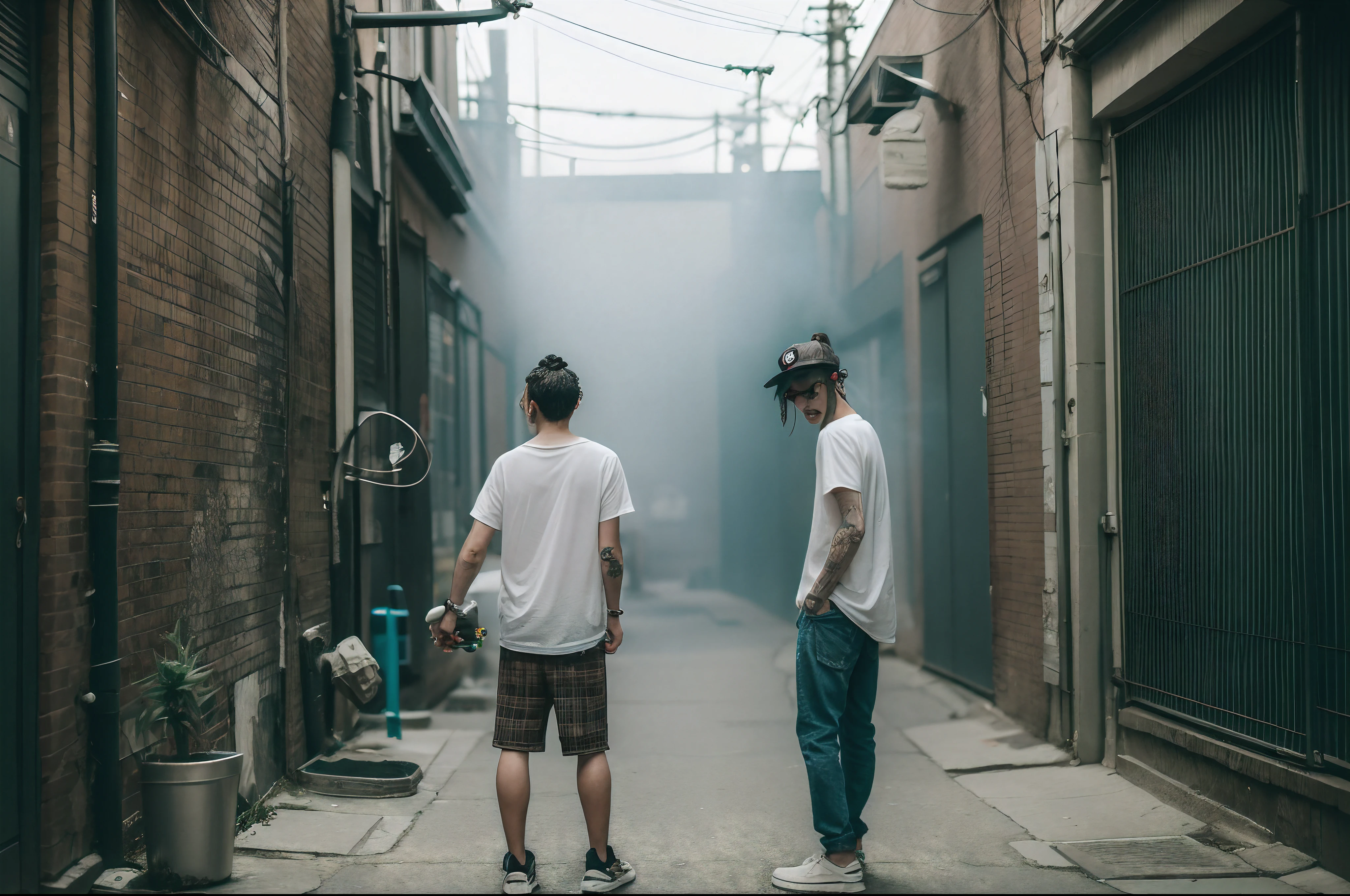 Cannabis in a back alley in downtown、Cannabis buds、Woman smoking cannabis、Massive amount of white smoke from the mouth、Cool tattoos on the body、chill time