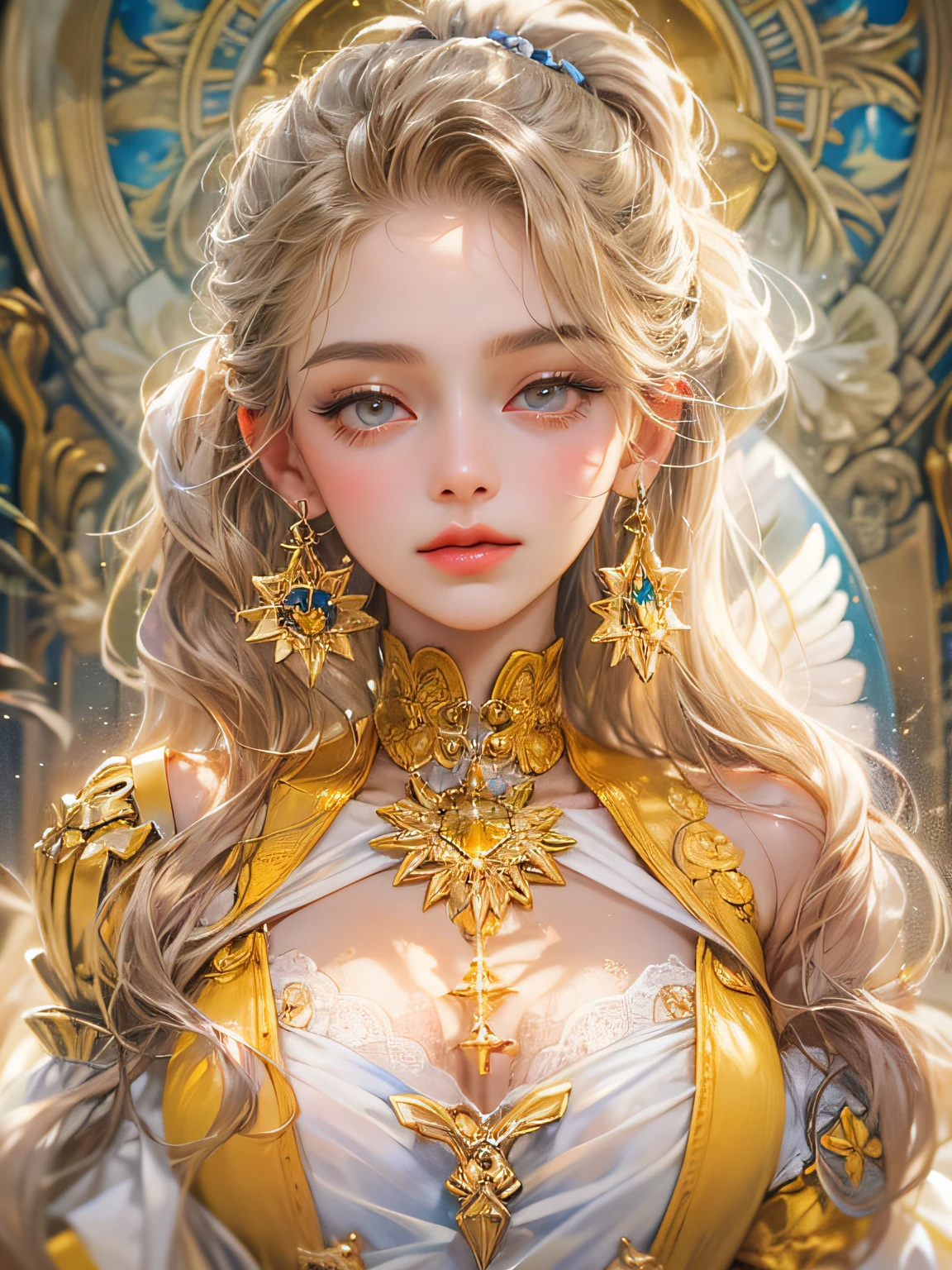 (absurdres, highres, ultra detailed, HDR), masterpiece, best quality, a mature heroine, detailed face, beautiful face with decorative detailed (sand blonde ponytail hair) (grey eyes), yellow details , white touch and yellow little outline,with yellow magic mirror inside celestial palace, detailed character, detailed celestial place of goddess, laplace, detailed backdrop