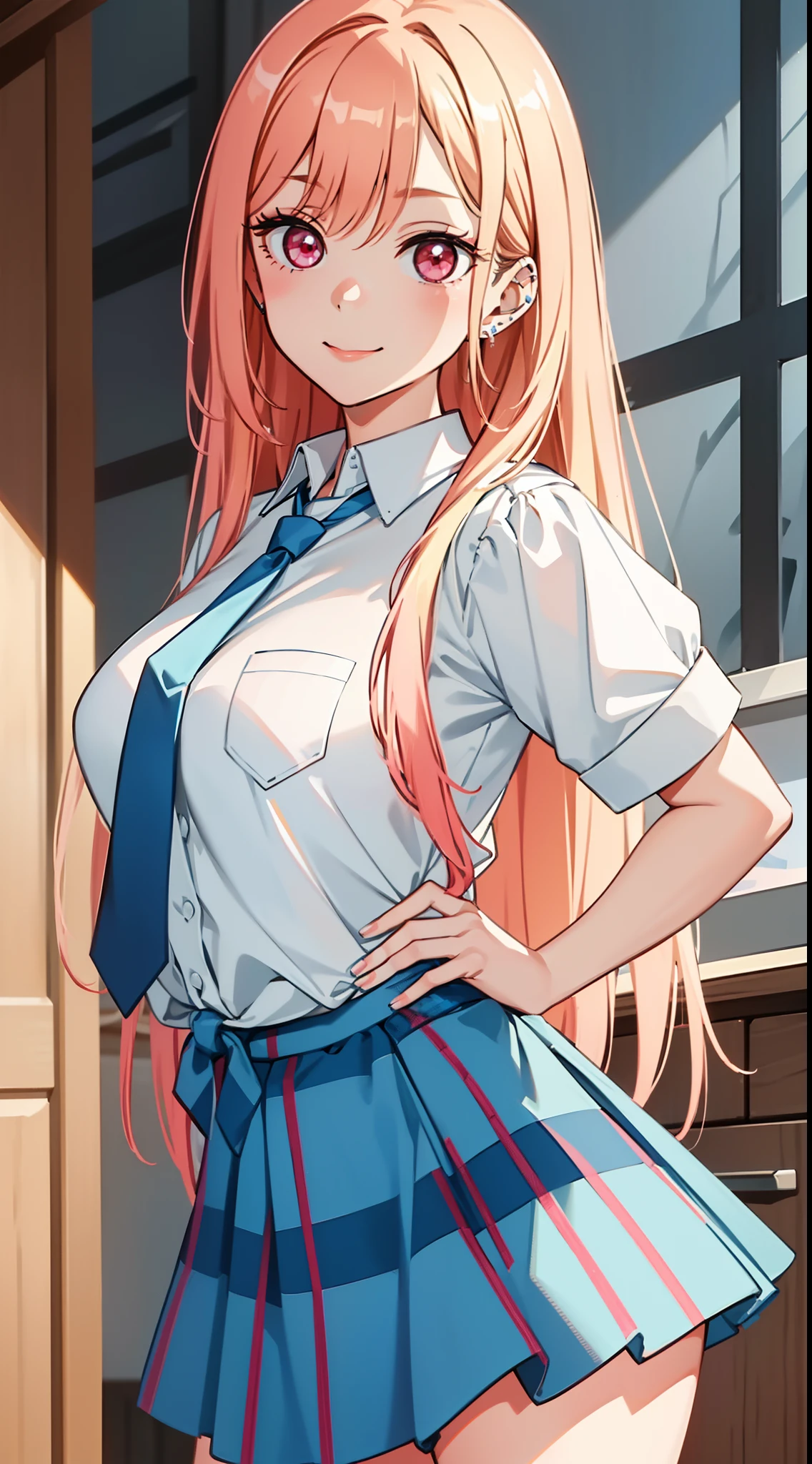 8k, highres, ultra detailed, (masterpiece:1.4), best quality, symmetrical body, (white shirt with blue tie:1.4), (short blue skirt with plaid pattern:1.4), cute, solo, long hair, blonde hair with pink hair tips, red eyes, long lashes, glow effect, finely eye, wide smile, grinding, detailed face, looking at viewer, smilling at viewer, bedroom, angled view, big breasts