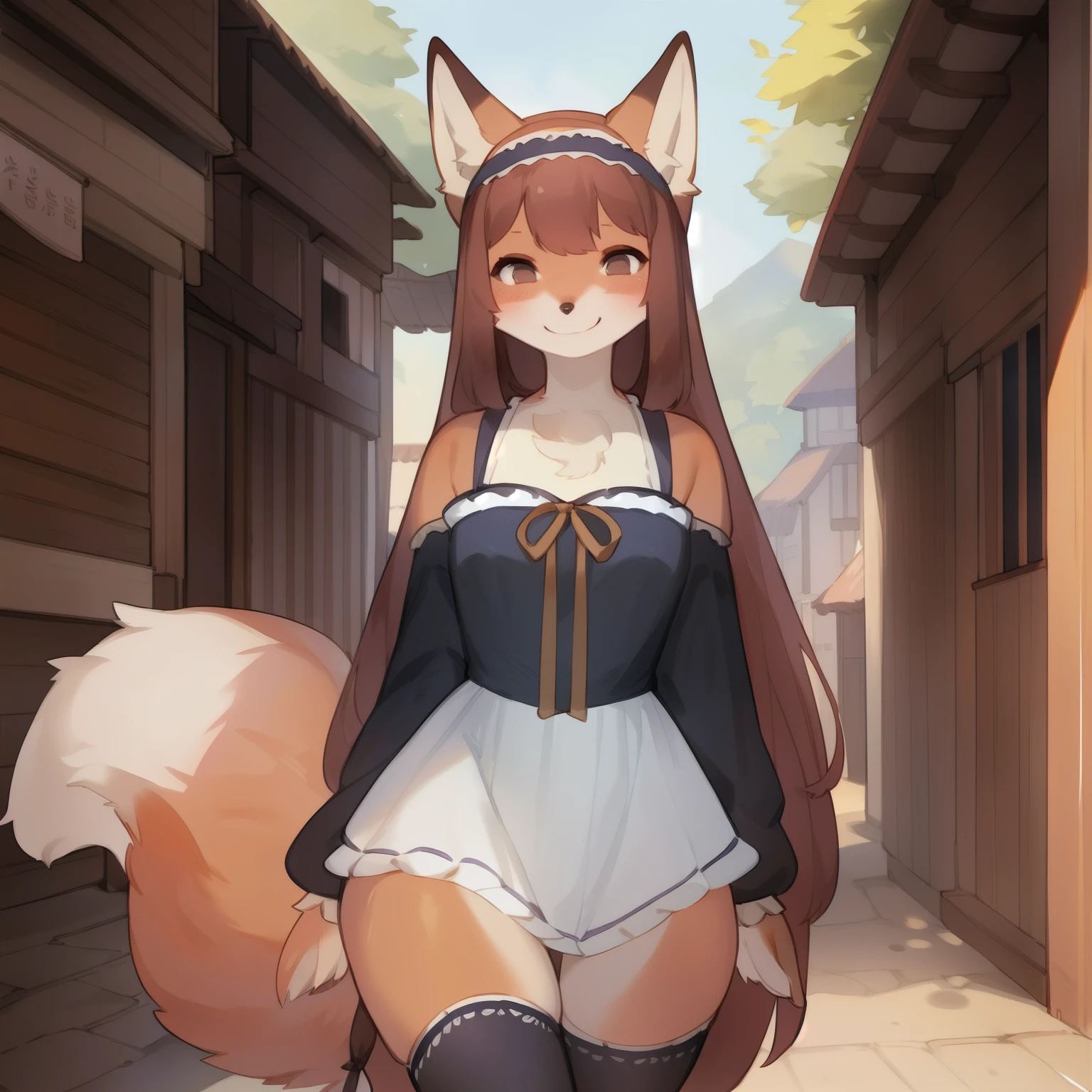 by bebebebebe, by spuydjeks, solo, female, fox, vulpine, (snout, hair, tail), long hair, hime haircut, smile, happy smile, fit body, wide hips, hourglass body, cute frilly dress, thigh highs, headband, English village street.