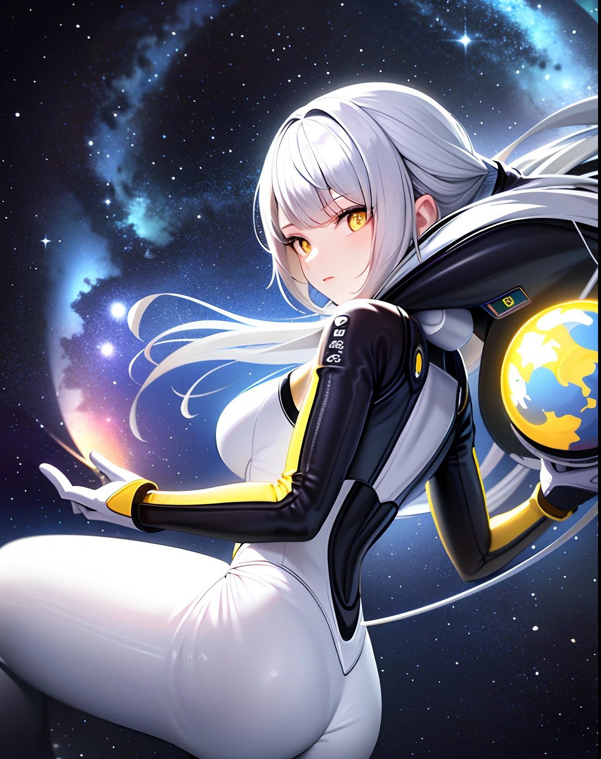 Masterpiece, Best quality, 1girll, (space), Spacecraft, (Spacesuit), Upper body, From the side Side, Science fiction, Yellow eyes, double tails, Silver hair,