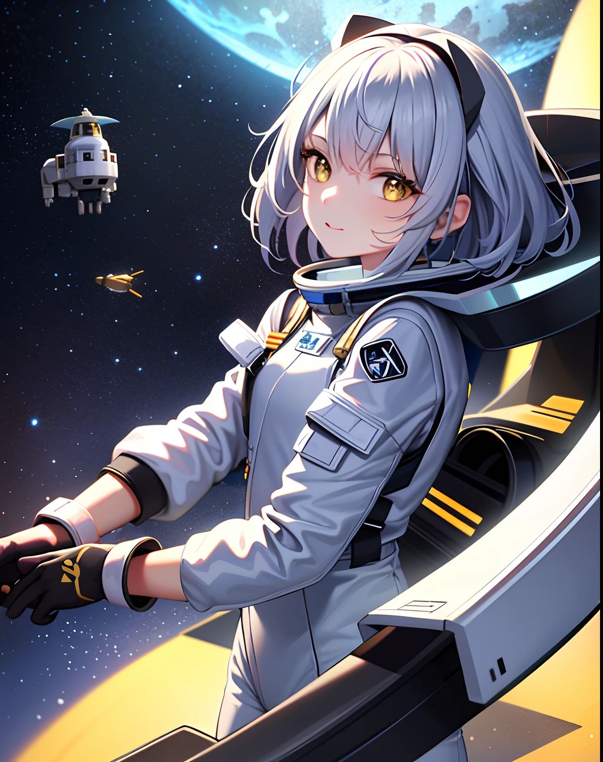 Masterpiece, Best quality, 1girll, (space), Spacecraft, (Spacesuit), Upper body, From the side Side, Science fiction, Yellow eyes, double tails, Silver hair,