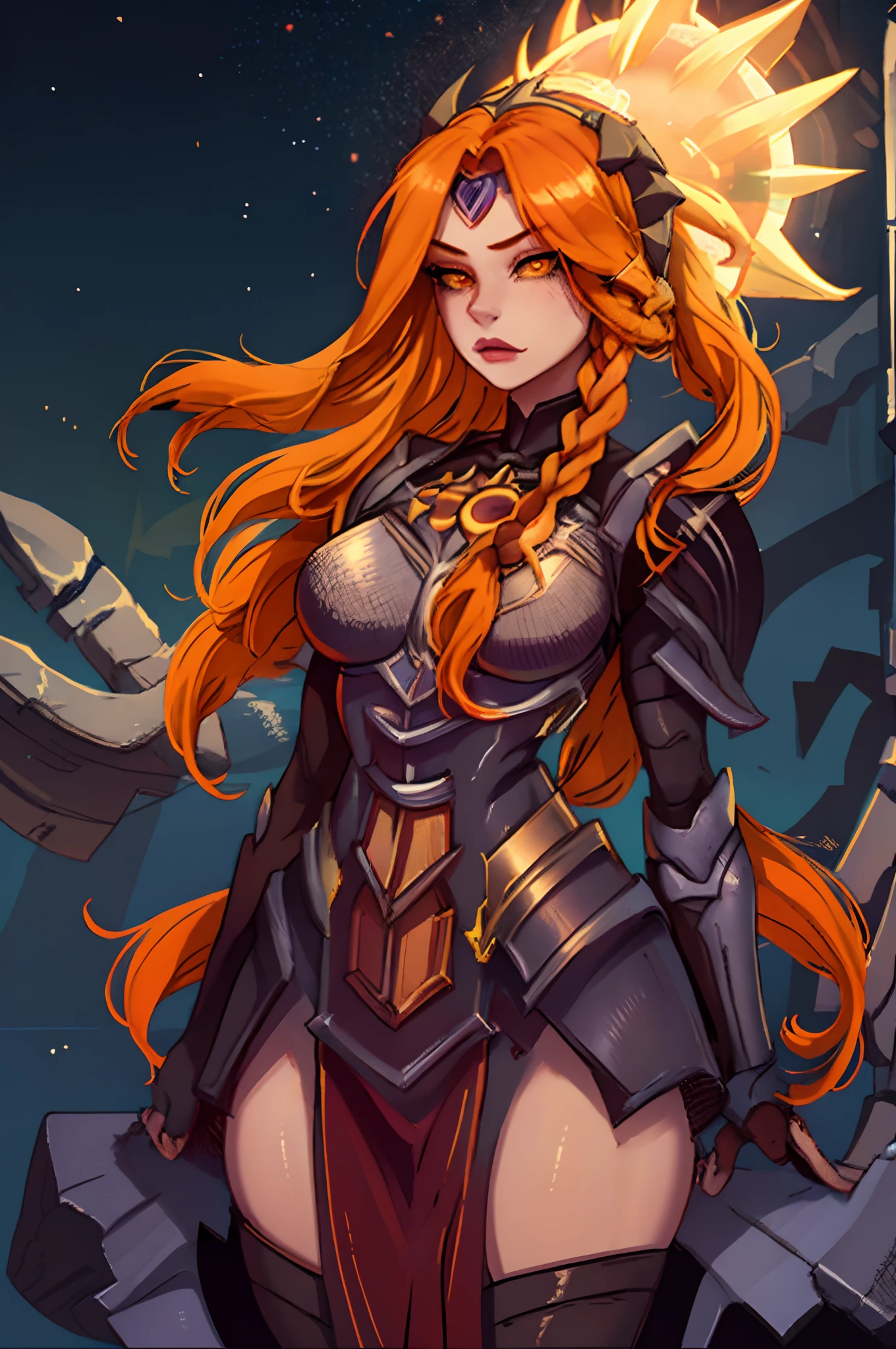 masterpiece, best quality, 1girl, leona, orange hair, long hair, twin braids, orange eyes, armor, solo, standing, contrapposto, solar eclipse, starry sky, magic particles, meadow background, face portrait