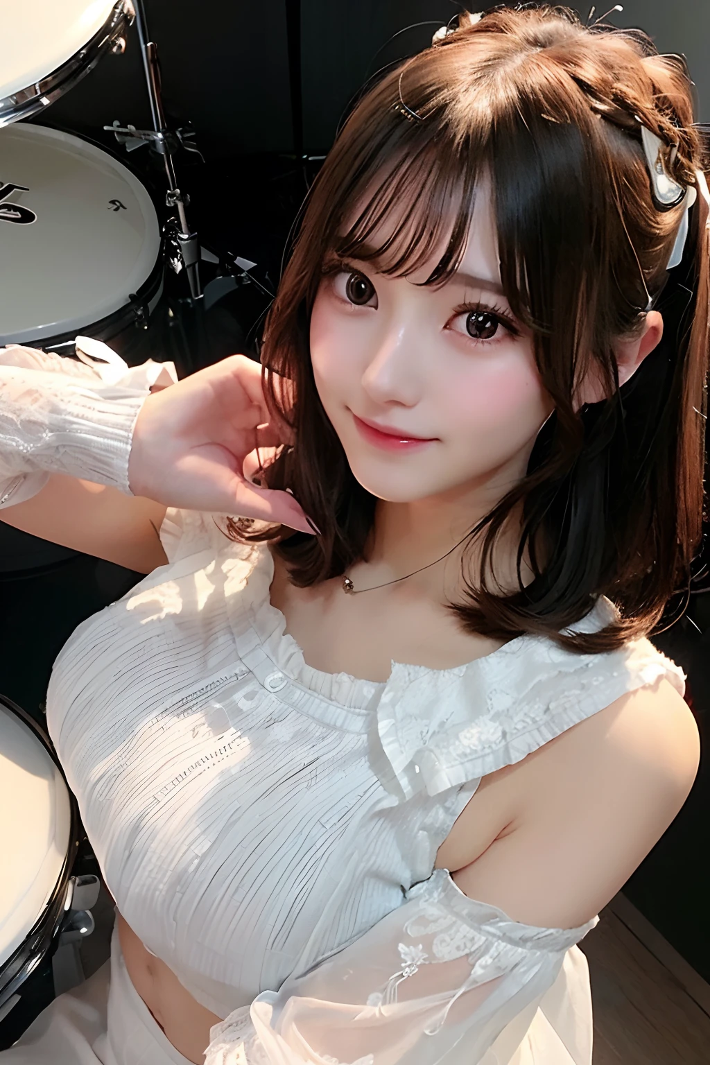 (Girl Hitting Drum Set In Studio:1.3),White lace loose shirt emphasizing off-shoulder chest,tight skirts,Visible through the fabric.Solo Idol Girl,Happy smile,short hair with shiny light brown and pink stripes,,,,,,,,,,,Perfect face,Proper body proportion,masutepiece,Super high-quality output images,hight resolution,Intricate details,Very delicate and beautiful hair,photos realistic,Dreamy,Professional Lighting,realistic shadow,Solo Focus,Beautiful hands,Beautiful fingers,Detailed finger features,detailed clothes features,Detailed hair features,detailed facial features,