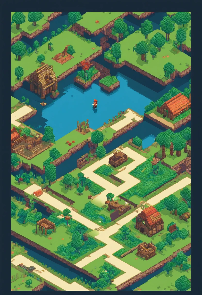 Pixel Game Scene, 8bit game, pixel style, 8bit dots, Isometric Adventure with a Girl, featuring a girl embarking on an epic quest, Unfold on a large map