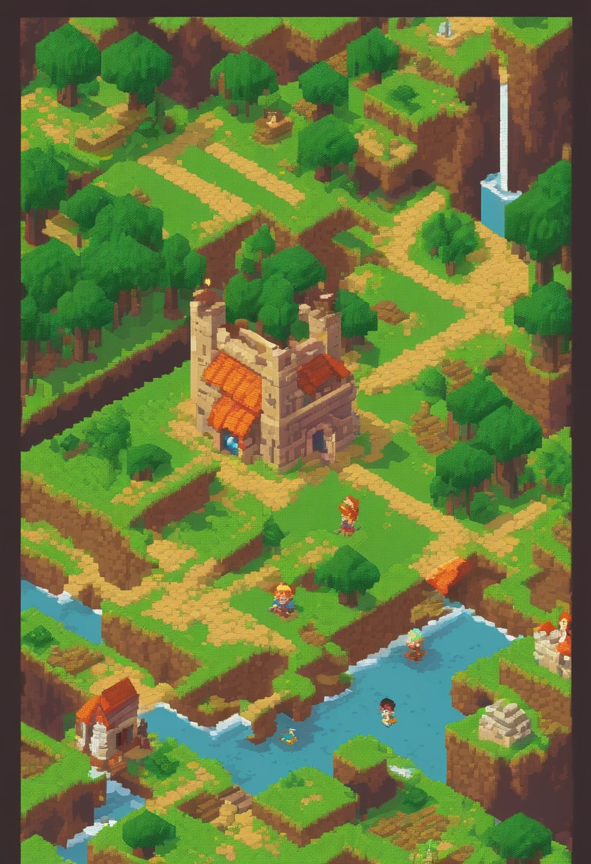 Pixel Game Scene, 8bit game, pixel style, 8bit dots, Isometric Adventure with a Girl, featuring a girl embarking on an epic quest, Unfold on a large map