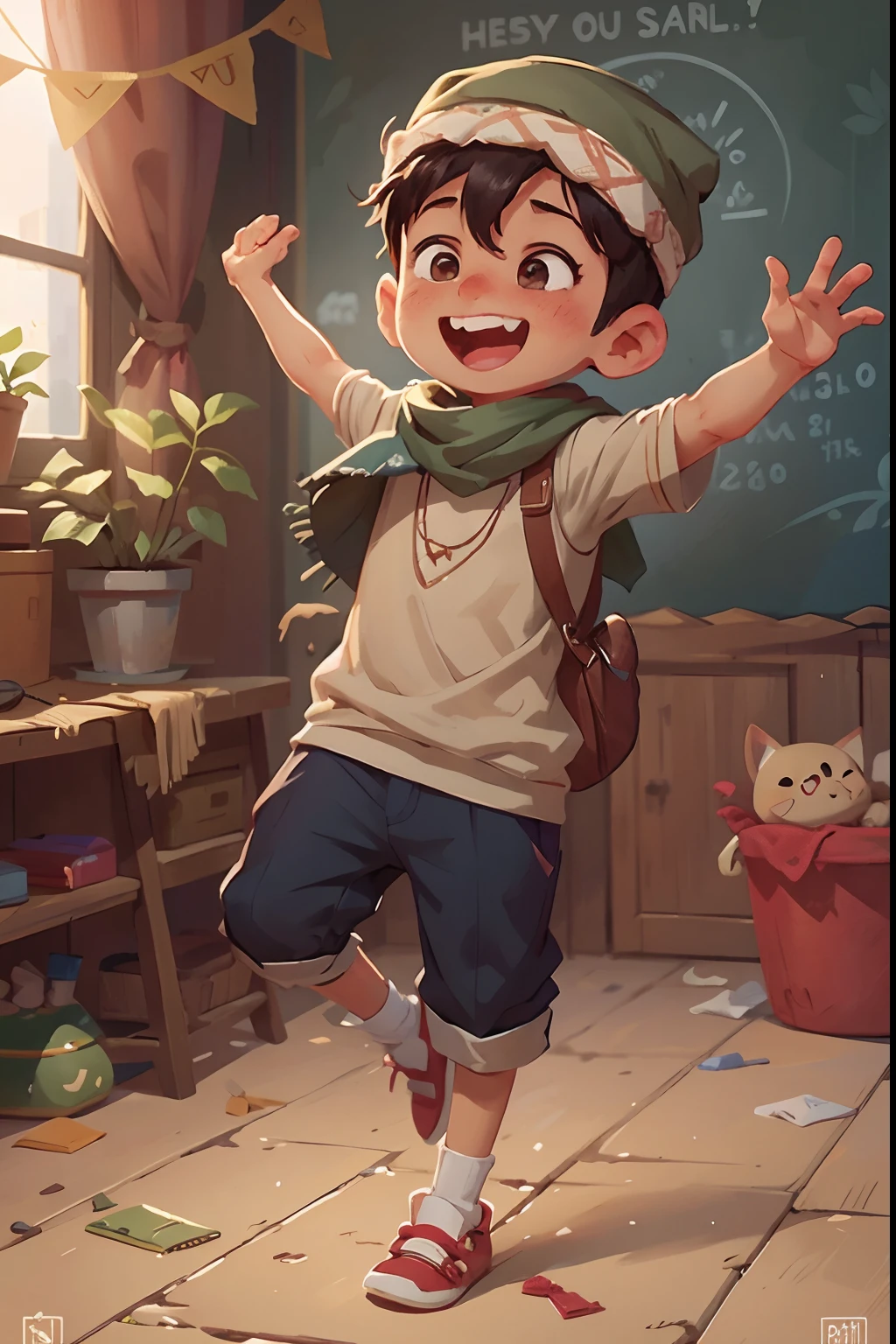a full body of cute muslim boy playing outsside , laughing