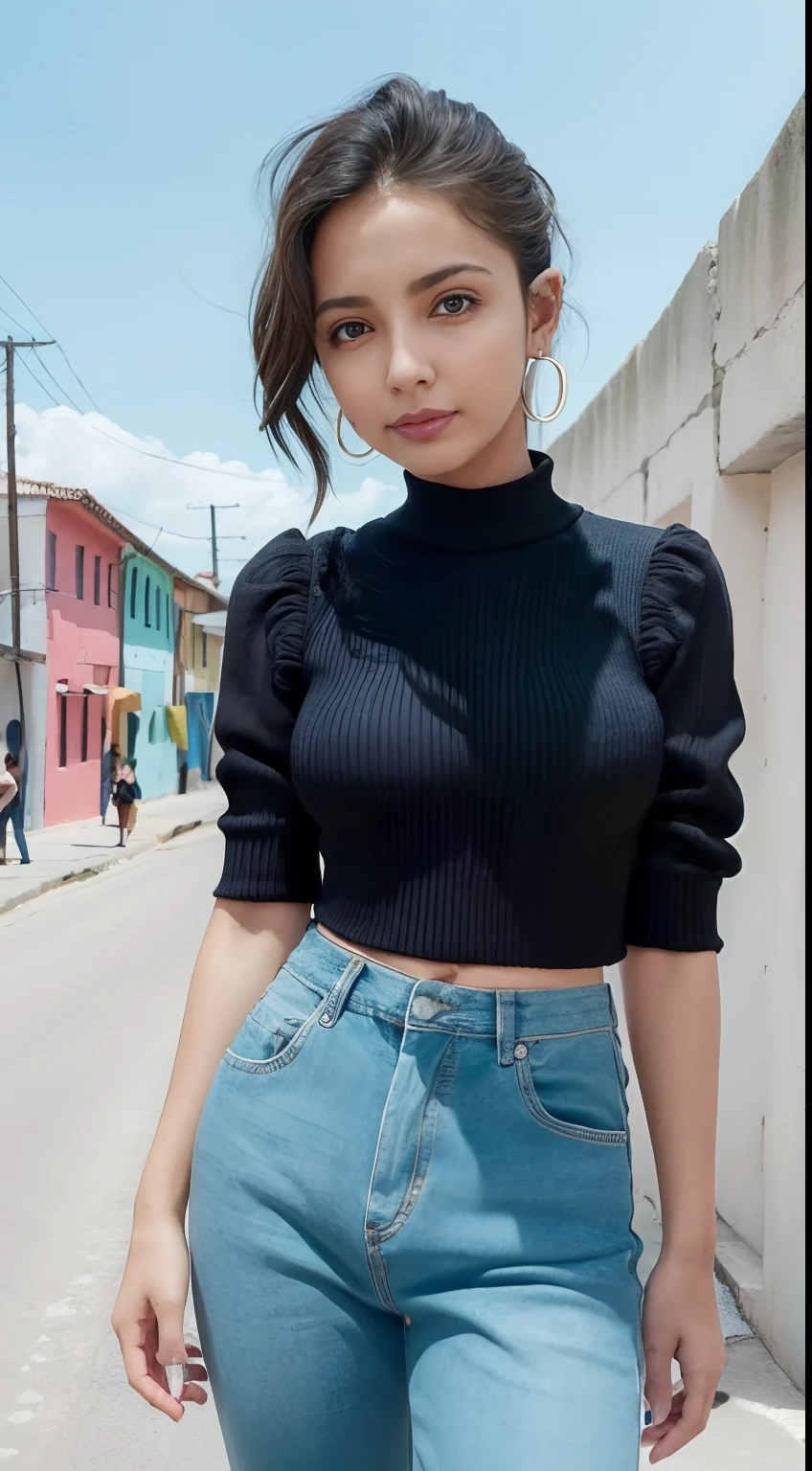 (Obra maestra, La mejor calidad), beautiful woman, Parte superior detallada de cuello alto sin mangas, pants, collar, cabello ondulado, Cara perfecta, Cara hermosa, seductora, Grandes ojos hermosos, boca abierta, feliz, Cuerpo Perfect Slim Fit, (al aire libre), Calles de la ciudad, mexico, colores brillantes