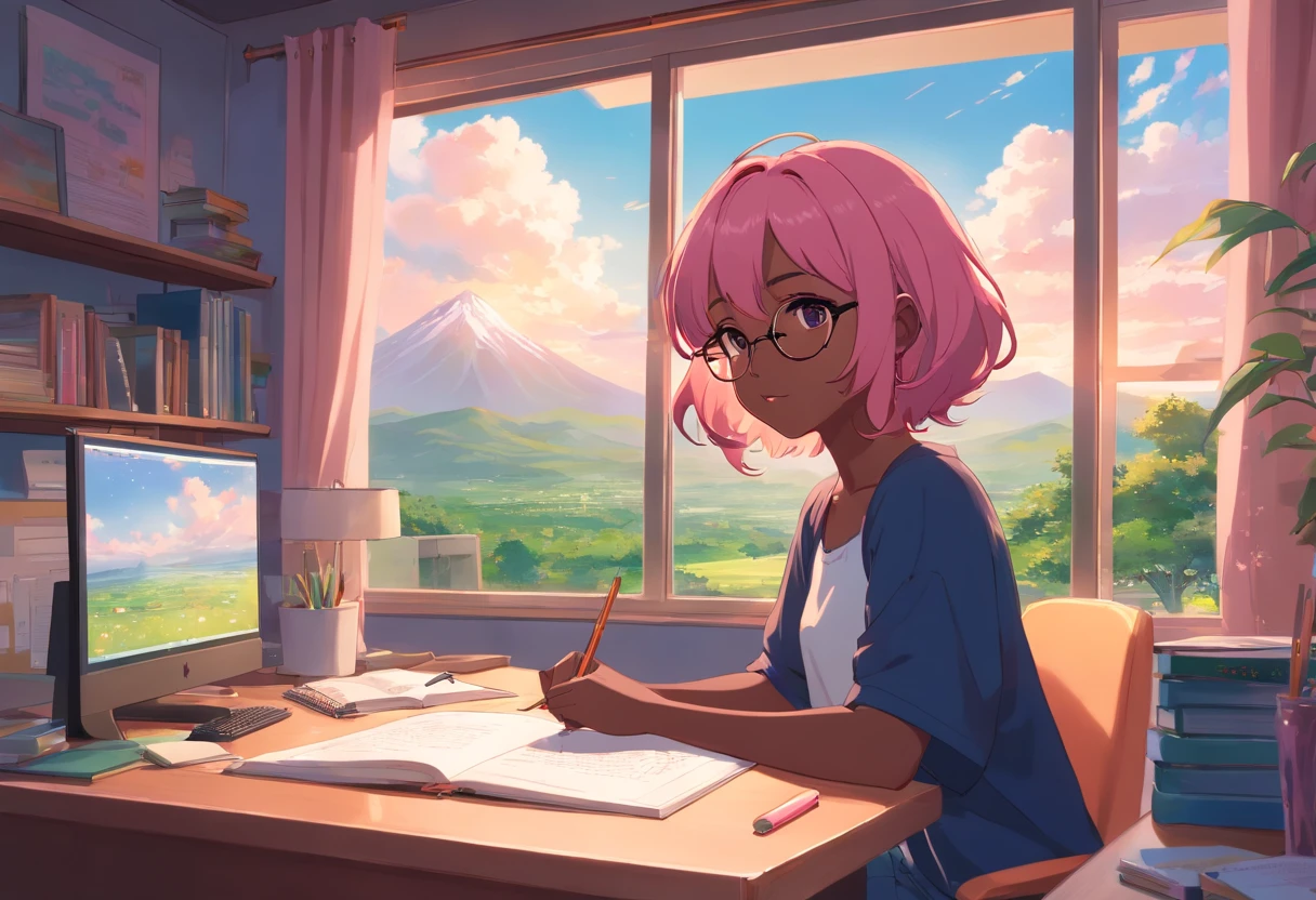 Lia a girl with pink hair, (dark skin), curly hair, studying in her peach pastel room, cozy study desk, glasses, large window overlooking beautiful nature scenery, (staring at the scenery), floral notebooks