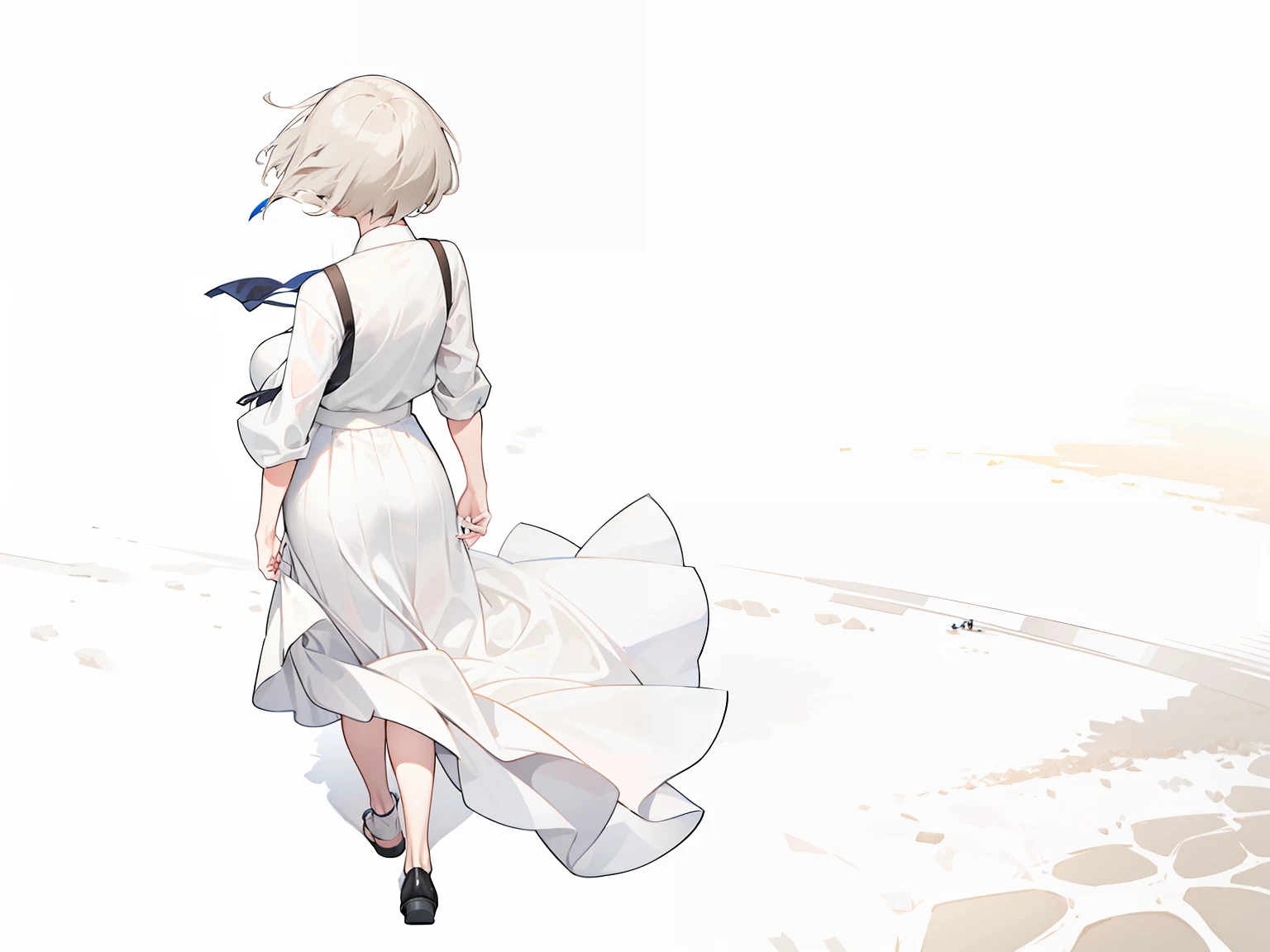 Overhead view of a woman walking in a long skirt、posterior view、The road where shoe footprints remain
