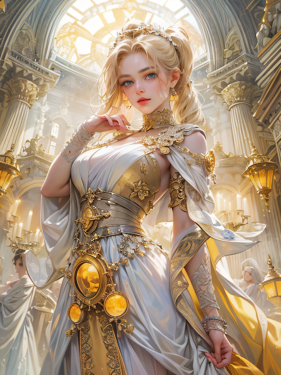 masutepiece, Best Quality, Highly detailed, hight resolution, nffsw,, Chovitz, Chii, Somatosensory,, 1girl in, Solo, Bangs, Bare shoulders, breasts, Brown eyes, Bulbophyllum (circle) (Style), Platinum Blonde Hair, Very long hair, Robot ears, Small breasts, hair tubes,, maid, Maid headdress, maid apronl, victorian maid, maid dress,, MKSKS style, Beautiful background, Detailed background, Professional Lightning, mansion, Indoor, Gold Ornament, gold, Gold Effect,