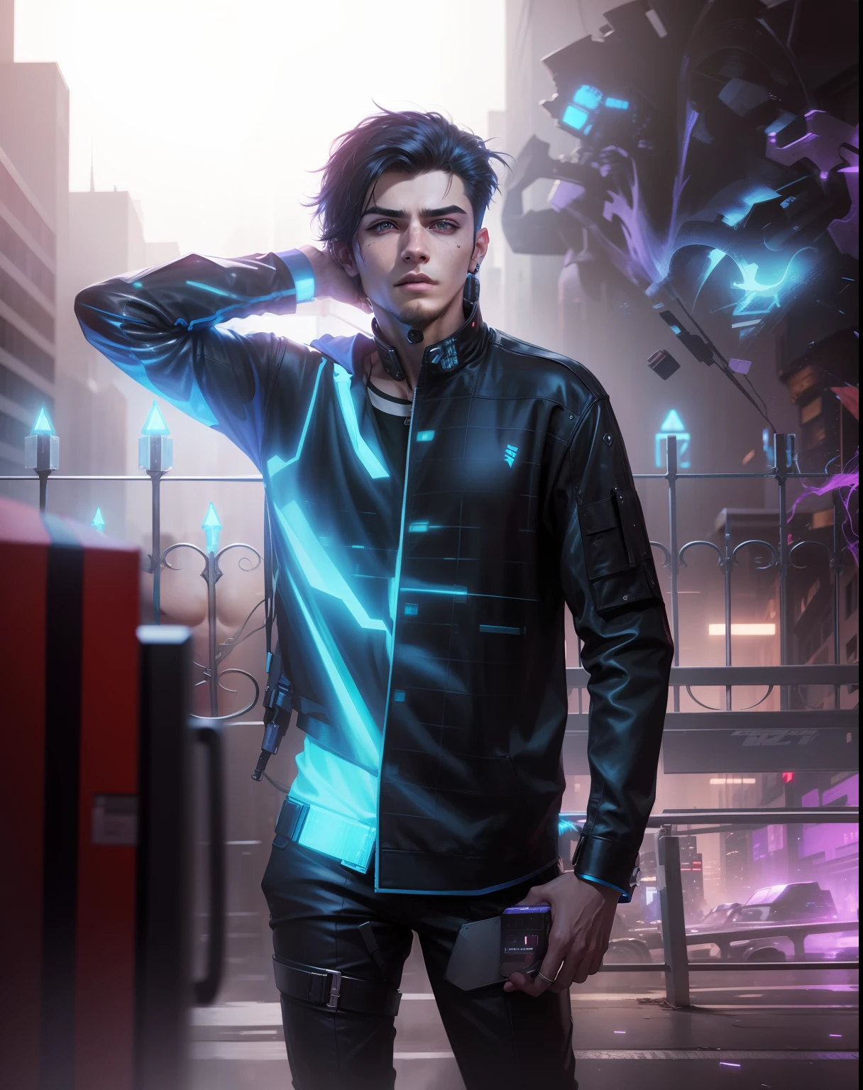 Change background cyberpunk handsome boy , realistic face , 8 k ultra realistic