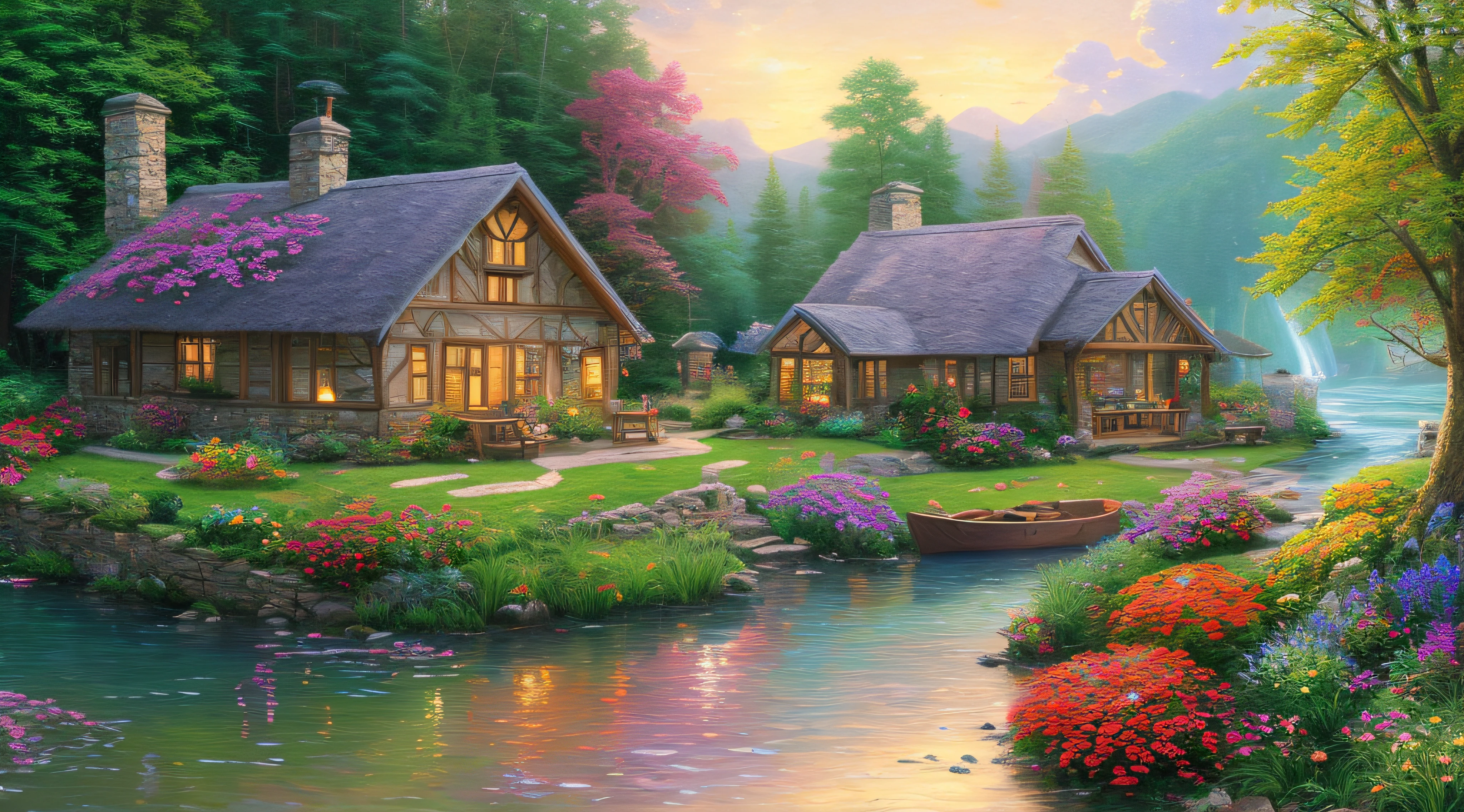 landscape, water, cottage, smoke, boat in the water, flowers ,stream, color full (extremely detailed CG unity 8k wallpaper), most beautiful artwork in the world, professional majestic oil painting, intricate, High Detail, Sharp focus, dramatic, photorealistic painting art, style of Thomas Kinkade