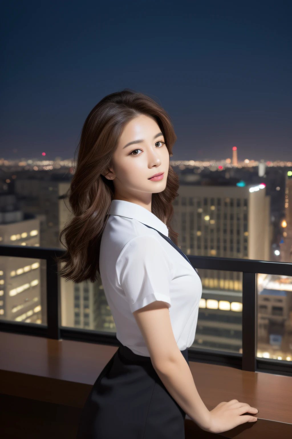 ((Best quality, 8k, Masterpiece :1.3)), Whole body, Sharp focus :1.2, A pretty woman with perfect figure :1.4, Slender abs :1.2, ((Dark brown hair)), body dress :1.1, (Night city view, Modern balcony :1.1), Highly detailed face and skin texture, Detailed eyes, Double eyelid, Small Bust, OL Uniform, Office Wear, white T-shirt, Interior Scene, Office