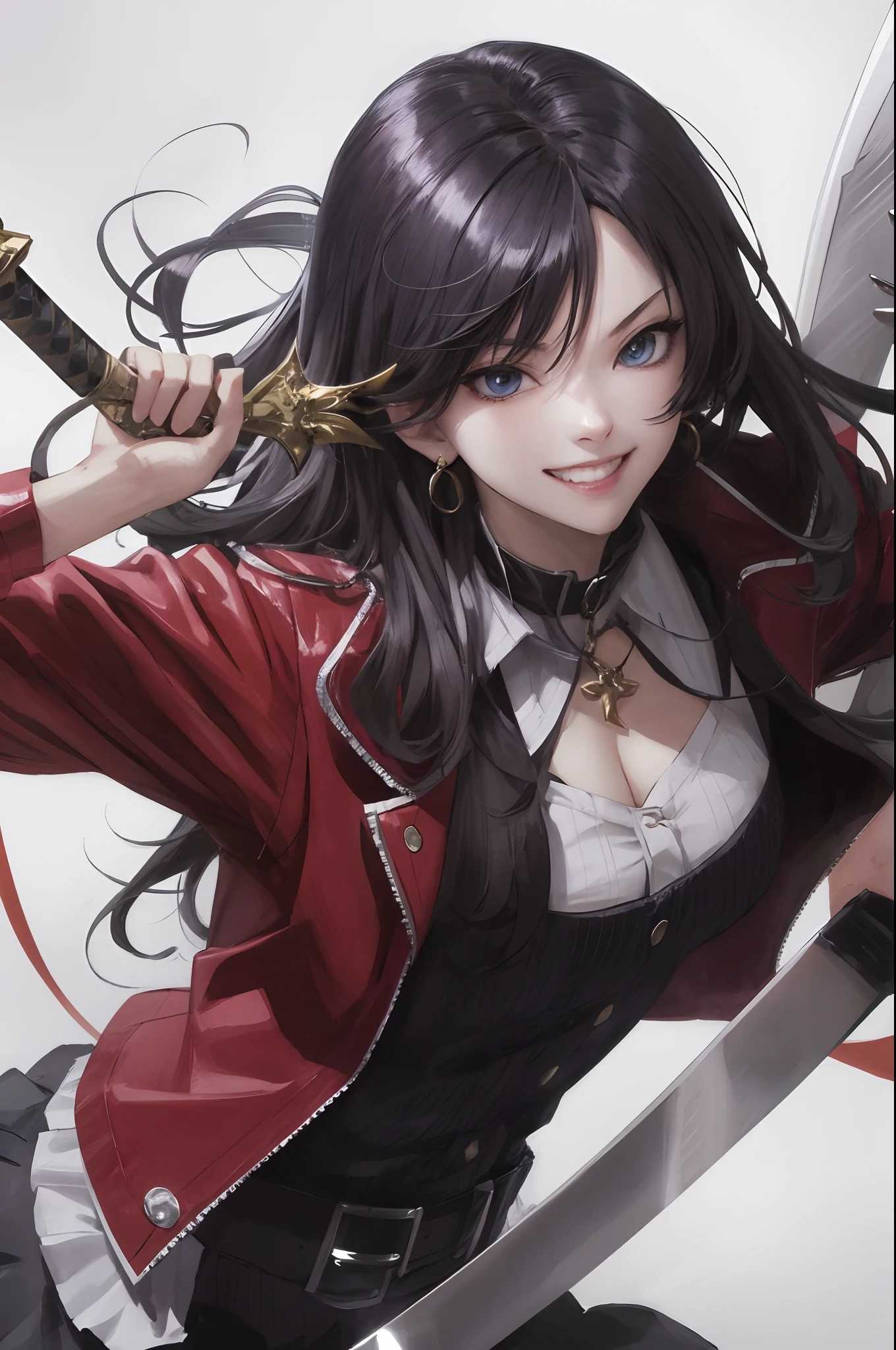 Badass anime girl with psychotic smile holding two swords towards her neck