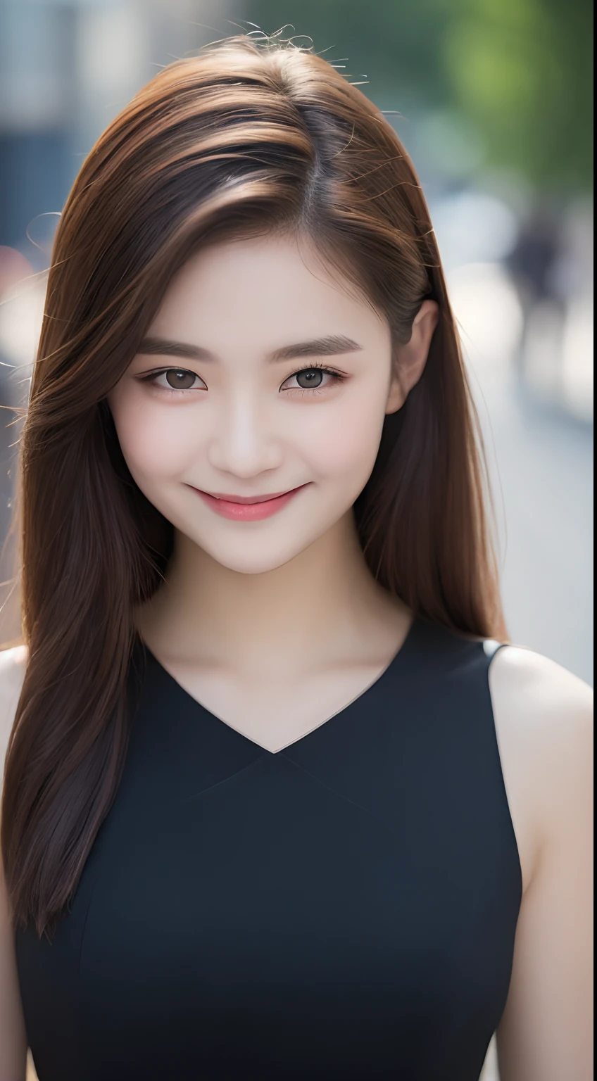 ((Best quality, 8k, Masterpiece :1.3)), 1girl, smiling, full body, slim face, Pretty woman, (Dark brown hair), full length dress :1.1, Ultra-detailed face, Detailed eyes, Double eyelid, blur background, slim face, city, outside, street,