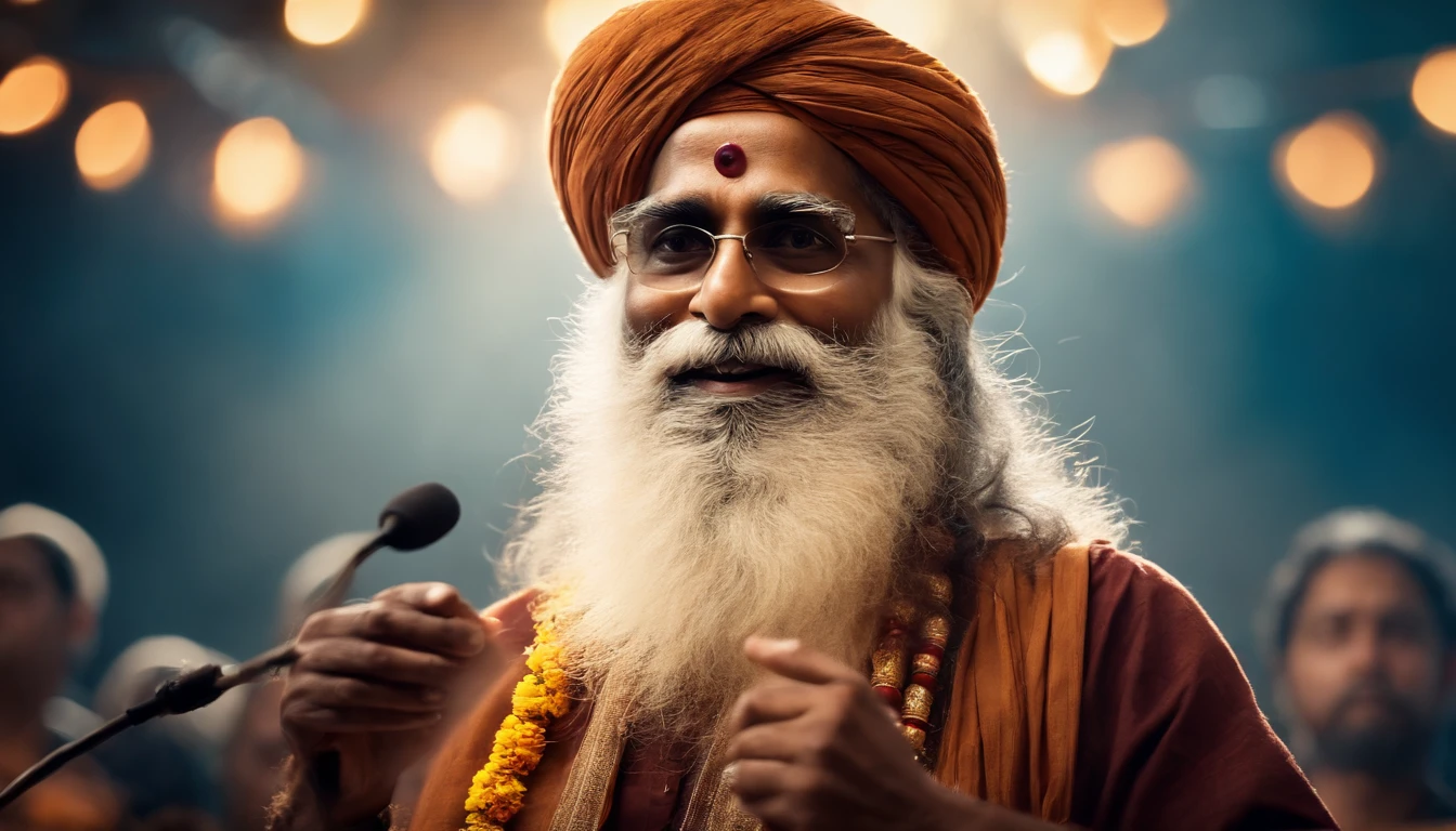 (best quality,ultra-detailed,realistic:1.37),portrait,Dynamic portrait of Sadhguru giving a speech,detailed facial features, expressive eyes, captivating smile,Audience in rapt attention, enthusiastic crowd, Brilliantly colored stage lights, intense gaze, flowing beard, charismatic presence,mesmerizing hand gestures, hazy atmospheric ambiance, empowering words, spiritual aura,deep wisdom, tranquil expression, serene background, powerful energy,divine illumination,amazing clarity,authentic portrayal,inspirational aura