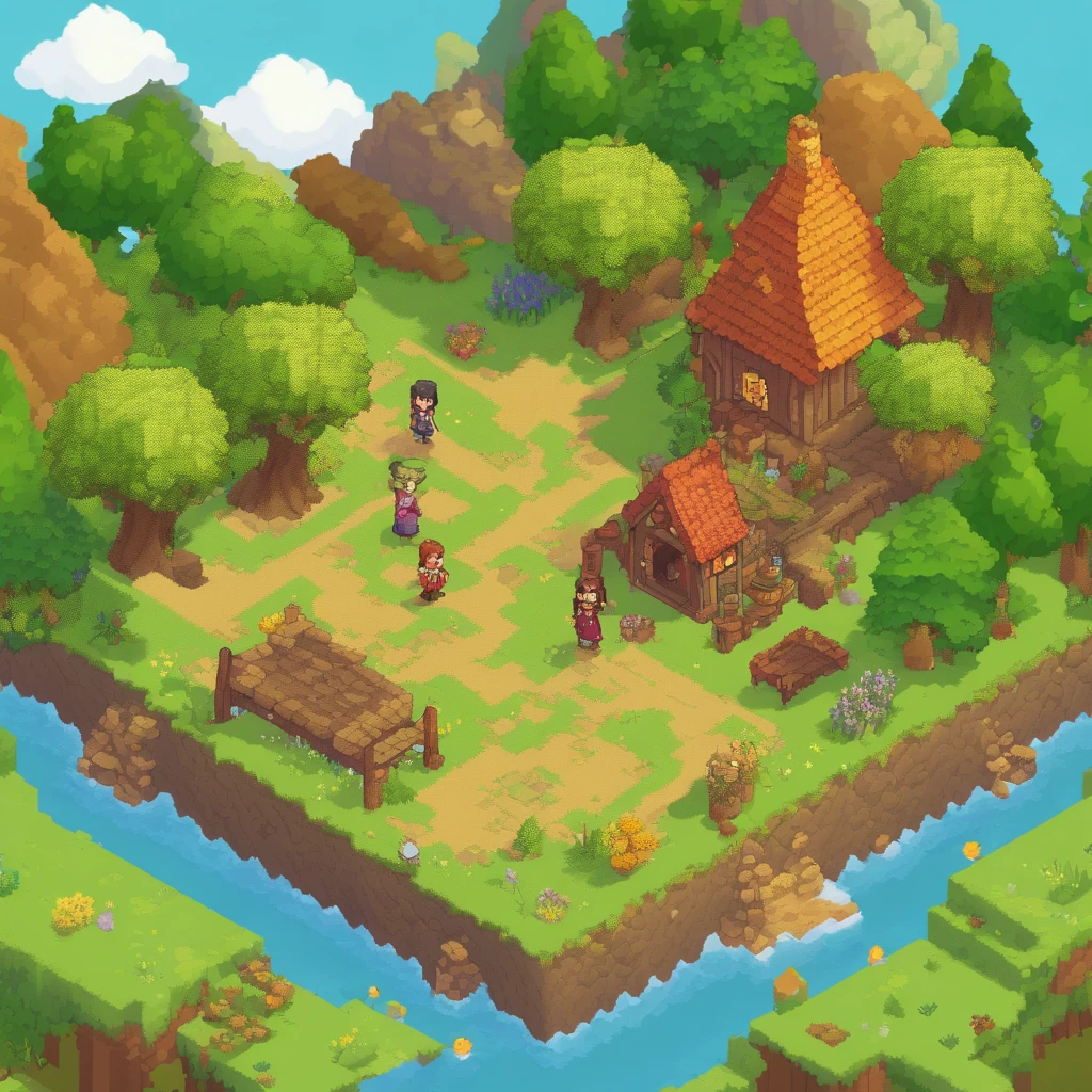 Pixel Game Scene, 8bit game, pixel style, 8bit dots, Isometric Adventure with a Girl, featuring a girl embarking on an epic quest, Unfold on a large map