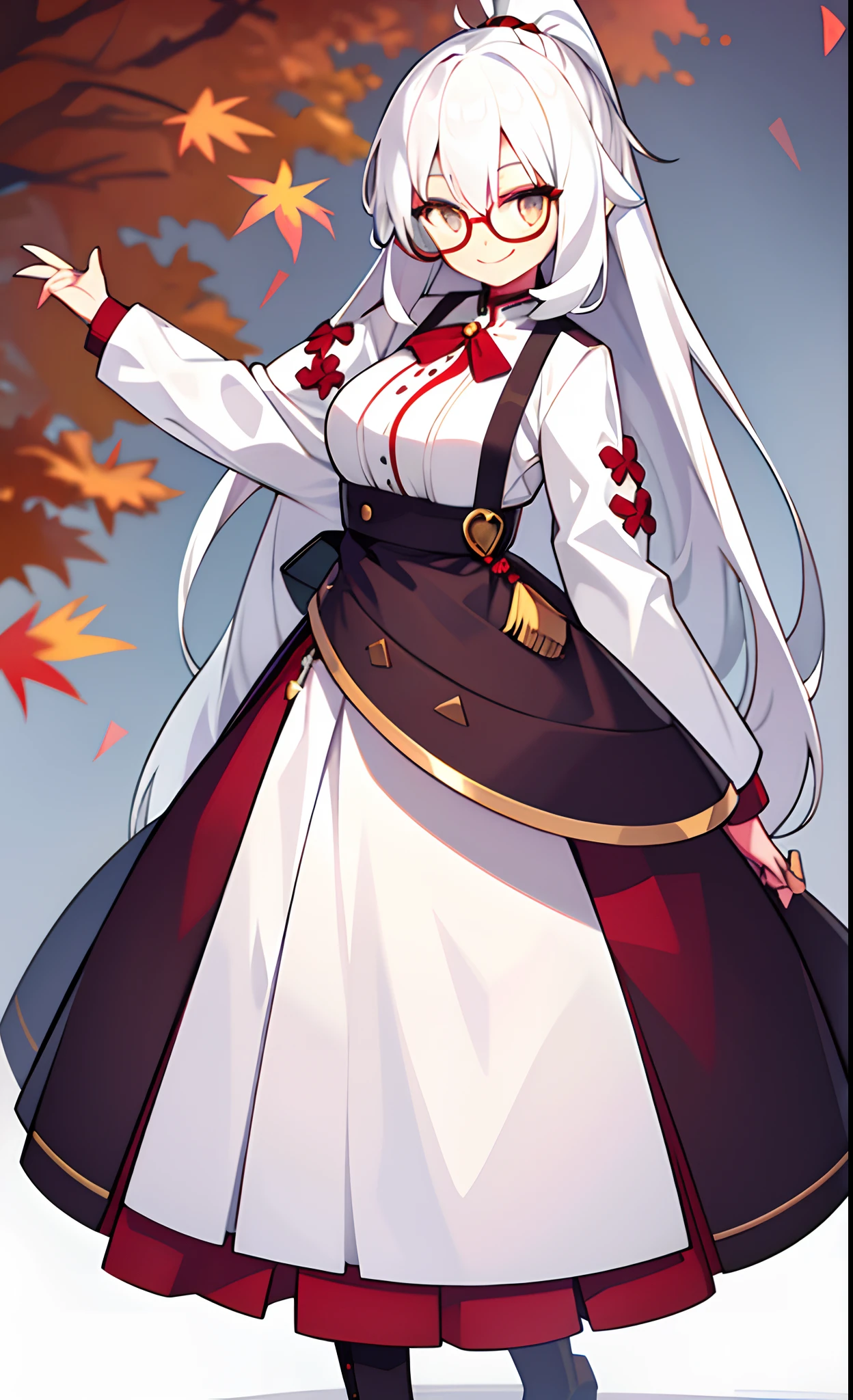 White hair, white eyes, kizi, female, autumn clothes, smiling,18, one girl, glasses,