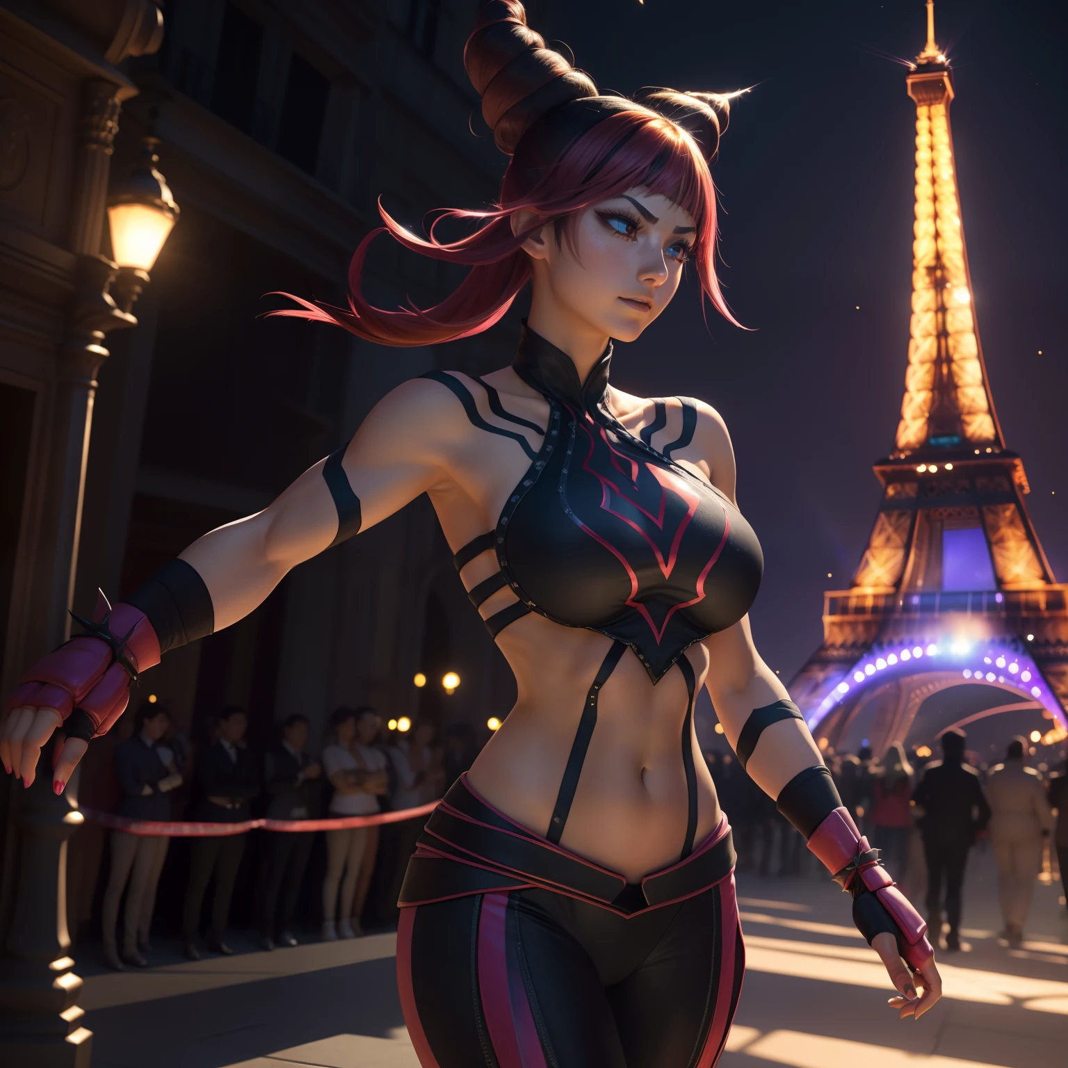 Best Quality, 8K, Masterpiece: 1.3), (Fractal Art: 1.3), (An online Juri Han in line with Street Fighter 6 official, doing the game's opening action), Short and bright pink hair, (Juri Han wearing a Street Fighter 6 costume), European French, supermodel body and face, 30 years old, mature, detailed face, detailed skin texture, angular face, (long eyes: 1.2, big eyes, obvious eyelids, long eyelashes), female expression, confident expression, long legs, perfect body proportions, mid-chest, (fit body, with noticeable muscles), pink nails, perfect facial features, symmetrical face, high nasal bridge, three-dimensional, full of confident shining eyes, better lighting, ray tracing, photon mapping, (in the distance is the Eiffel Tower, Walking the red carpet in front of the palace, like a star shooting magazine, the focus of the entire scene, There are super many reporters on both sides of the red carpet to take pictures, night, night, animated lights), Official illustrations, The golden glow and flakes on the body: 1.6, Bright powder shining because of the reflection, Very dazzling, light particles, Sharp.