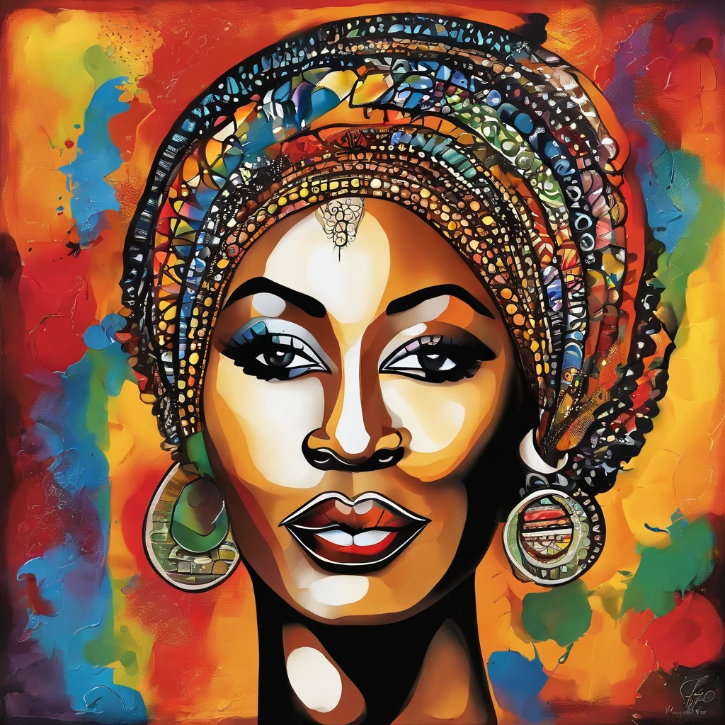 Black Women's Face Painting, Afro-Brazilian ethnicity, On a colorful background, Abstract face, abstract portrait, Stylized face, Pop Art Painting, Expressive detail face, expressive feminine face, Inspired by Picasso, Pop Art Painting, Beautiful expressive paintings, Detailed face of Afro-Brazilian caste woman, Detailed expression, In the style of Picasso, Cubist style