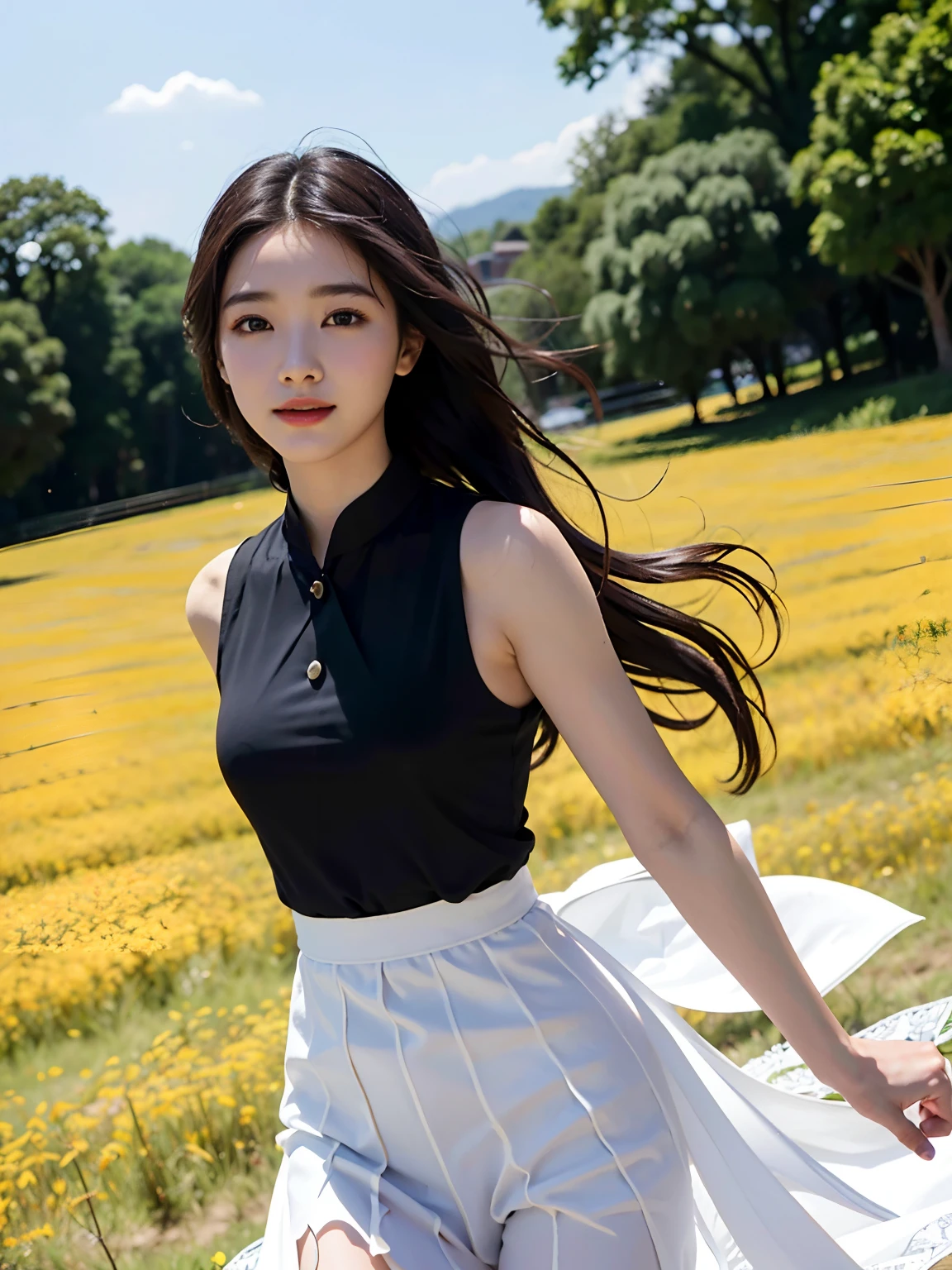 masterpiece, realisitic, surrealistic, top-quality, camera photo、 length hair, A dark-haired, Hair that flutters in the wind, sleeveless, Black shirt, full body Esbian,From Side, (A smile), the wind, Raw photography, Delicate, (intricate-detail:1.3), Hyper-detailing, finely detail, colourfull, darker shadows, 1girl in, 独奏, 8K UHD, film grains, (Photorealsitic:1.3), (More skin:1.2), Beautiful details, Skin Texture, rays of sunshine, grass field、florals、(Petals in the sky、Falling petals、)