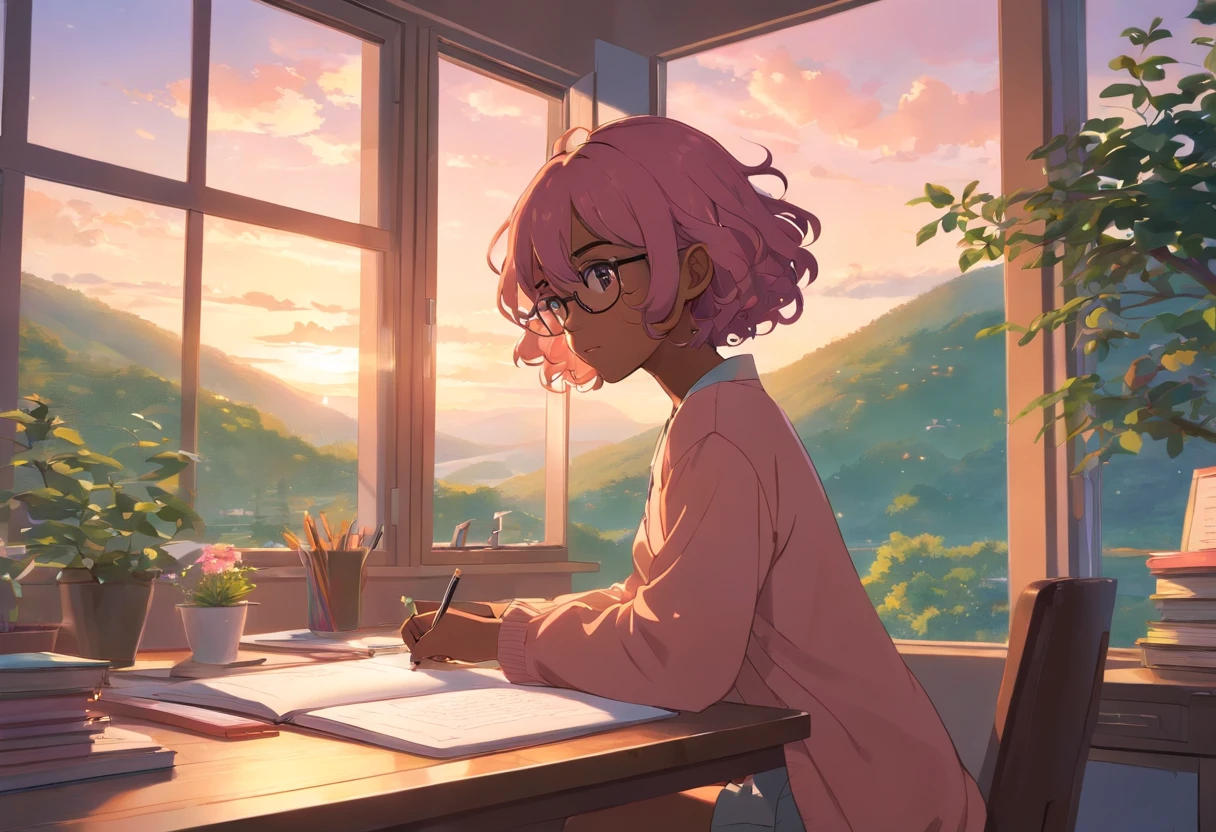 A cute and beautiful (darkskin) girl studying a cozy study desk, sweet sunset serene colour palate, filled with plants and flowers and bookshelf, camera zoomed in at her studying overlooking a beautiful natural scenery, camera shot in a such a way the landscape is more in view with a little of her back showing. (Pink short hair), cozy sweater, holding pen in one hand, well drawn hands, view through the large windowsill, takes much of the picture space