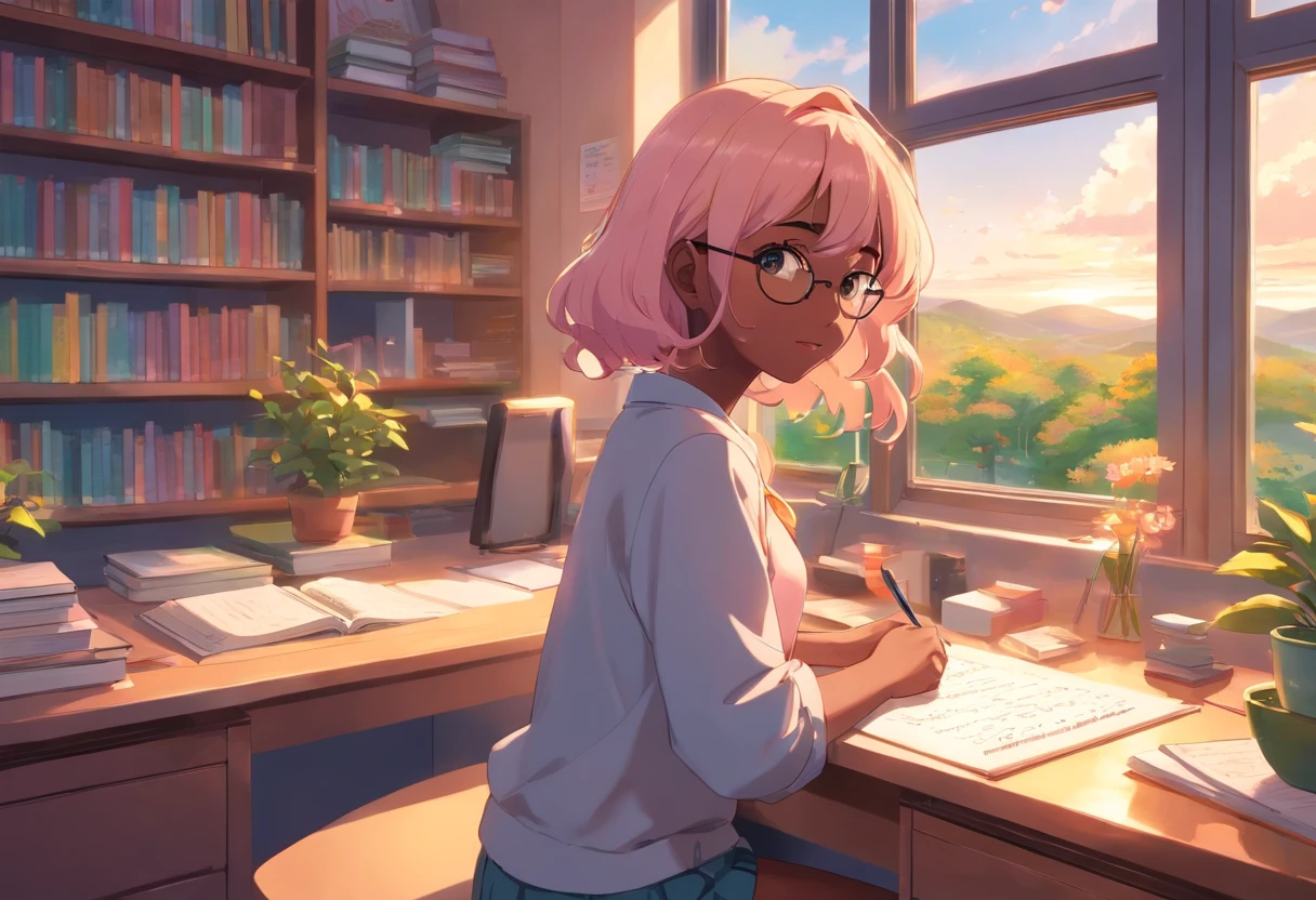 Lia a girl with random color hair, (dark skin), curly hair, studying in her peach pastel room, cozy study desk, glasses, large window overlooking beautiful nature scenery, (staring at the scenery), floral notebooks