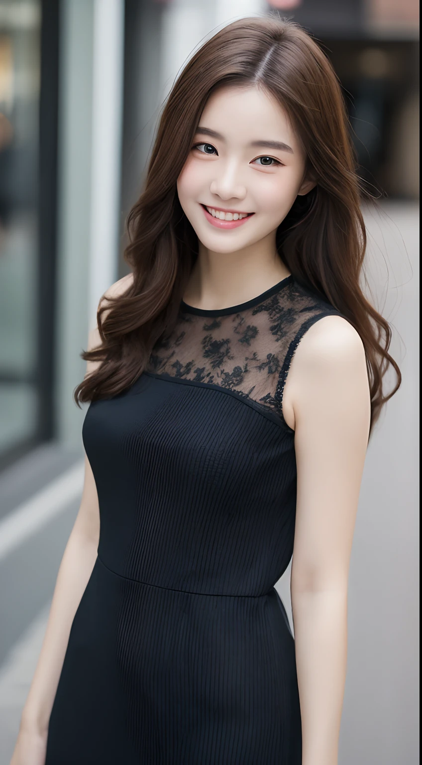 ((Best quality, 8k, Masterpiece :1.3)), 1girl, smiling, full body, slim face, Pretty woman, (Dark brown hair), full length dress :1.1, Ultra-detailed face, Detailed eyes, Double eyelid, blur background, slim face, city, outside, street,