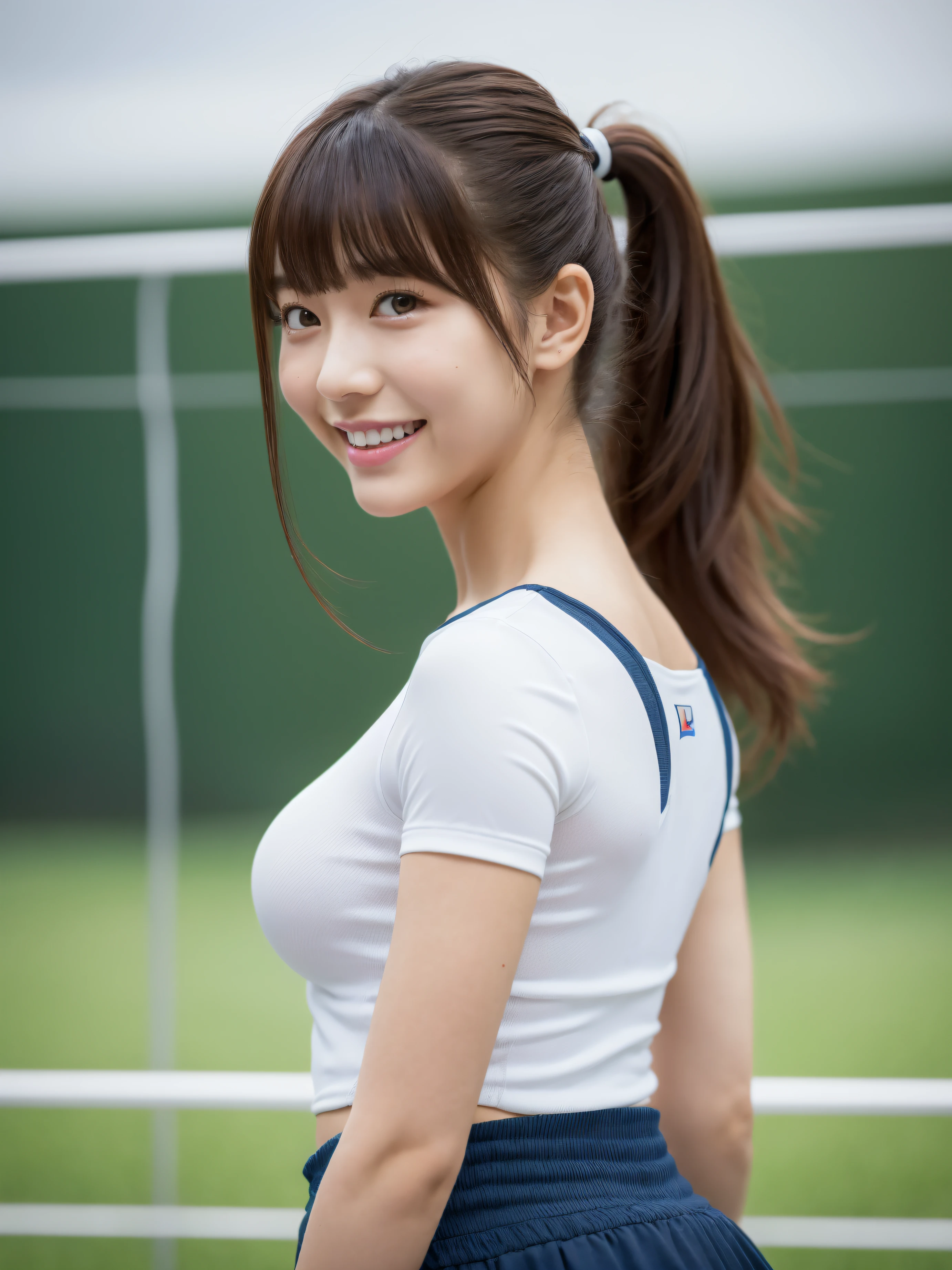 (top-quality、超A high resolution、masterpiece:1.3)、A tall and pretty woman、longeyelashes, Long hair with bangs, longeyelashes, Parted lips, surrealism, drop shadow, anaglyph, Verism, depth of fields, Backlighting, Expose F/1.2, Super Detail, ccurate, Best Quality, nffsw, masutepiece, A detailed eye, Textured skin, wetted skin, Best Quality, in 8K, blurry backround, ((big breasts thin waist)), skinny thigh, (huge tit), Natural Color Lip, Smile, long legged, Young woman in perfect style, sport uniform, Land Track