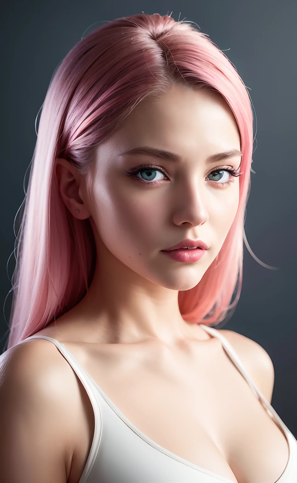 best quality, ultra high res, (photorealistic:1.4), (detailed beautiful girl:1.4), (medium breasts:0.8), looking_at_viewer, Detailed facial details, beautiful detailed eyes,pink hair, blue eyes, slender, haunting smile, (makeup:0.3), red lips, highly detailed clothes, (ulzzang-6500-v1.1:0.3)