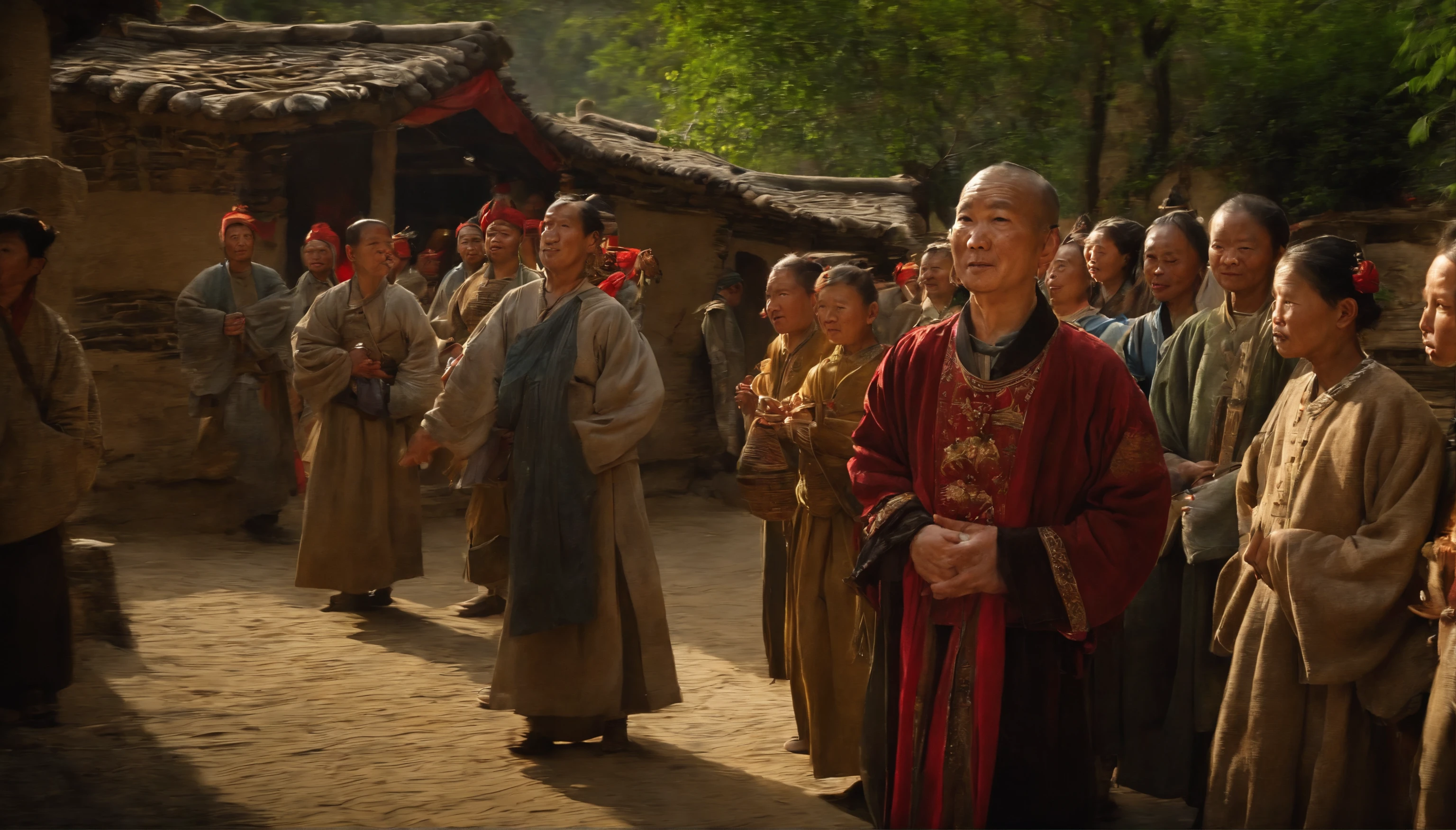 several people from a Chinese village, From medieval times, with bursts of admiration on his face, como se estic=vesem comtemplando uma obra-de-arte (uma pintura em tela)