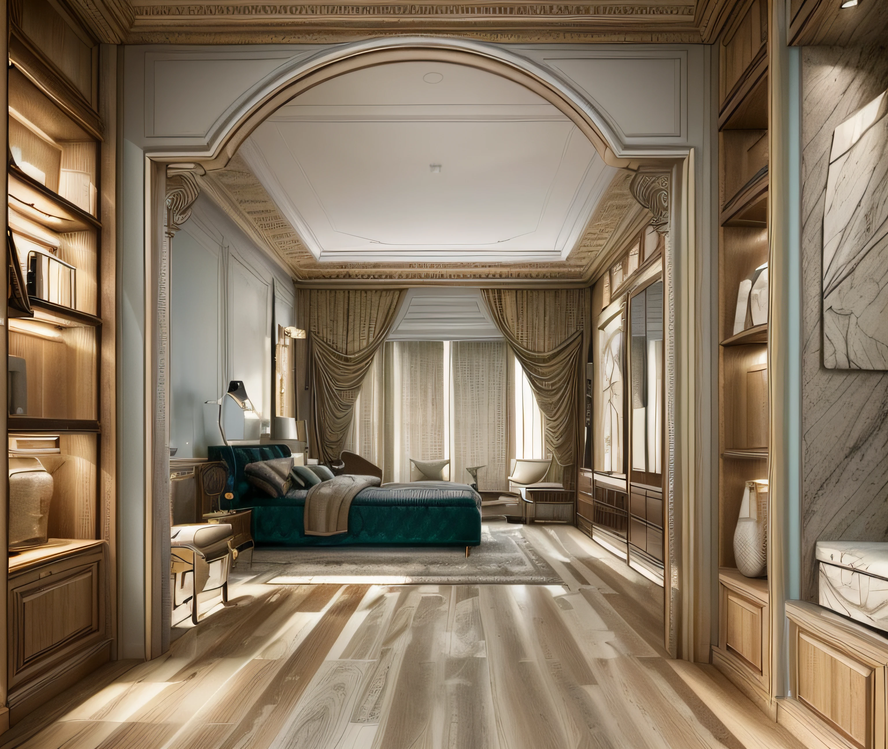 RAW photo, interior classic style, (high detailed skin:1.2), 8k uhd, dslr, soft lighting, high quality,Please generate a detailed and unique image of the living room in a classic-style Duplex apartment. The room should exude classic elegance with ornate moldings and pale gray walls providing a subtle backdrop. The furniture should feature warm and bright natural wood tones, accentuating the wood's rich grain patterns. The floor should consist of opulent tiles or luxurious marble cladding with cloud-like patterns. Incorporate both modern LED lighting and a contemporary chandelier to create a well-lit space. The sofa, preferably made from natural leather or suede, should complement the natural wood grain and enhance the overall ambiance. Thoughtful consideration should be given to the selection of wall paint and curtain colors to accentuate the interior while maintaining harmony. Emphasize the presence of natural light, which enhances the beauty of the wood and contrasts with the interior colors. Additionally, introduce a unique twist with symmetrical black natural stone cladding to add a touch of contrast and sophistication. Include decorative elements in pastel blue, moss green, deep plum, and other standout colors to create a focal point. Please ensure that the room radiates an atmosphere of classic luxury, comfort, and creativity, where the interplay of natural light and contrasting interior elements creates a stunning representation of the classic Duplex apartment living room