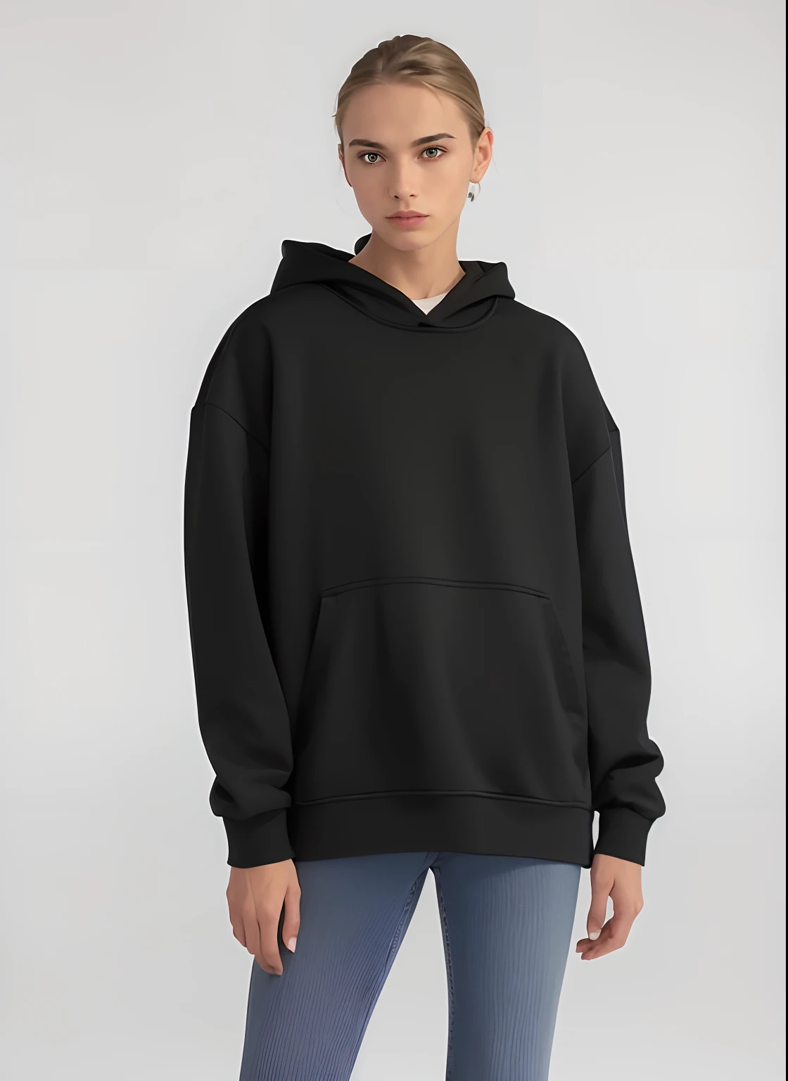 blonde 25 years old, with hairstyle Bob Bob in a black hoodie, Standing in front of the camera, in a black hoodie, in a black hoodie, black hoodie, a girl in a hoodie, black hoodie, photograph of a techwear woman, In an oversized sweatshirt, in a black hoodie, hooded sweatshirt, Rear view, black clothing, long shot from back, back - view, whitebackground, White background around