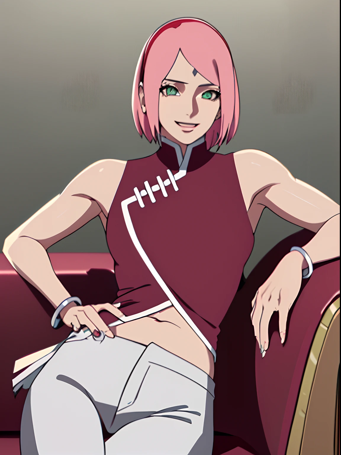 masterpiece, 4k, portrait, cowboy shot, (night), professional artwork, intricate details, colorful, digital blending, (ultra detailed body, ultra detail hair, ultra detail face), trending on pixiv, kind smile, best quality, anime style: 1.9, 1girl, hires, haruno sakura, (forehead mark, milf, red hairband, pale skin, (small breasts), short hair, ((red sleeveless dress,), white pants), (navel, belly button, slender body, slender belly, bracelet, pink hair, open mouth, big eyes), smile, beach, wind, floating hair, detailed arms, off-shoulders, broad shoulders, (slightly muscular arms, slightly strong biceps), armpit on couch, rips, , fancy couch, relaxing, (hand leaning on couch, laying, talking, looking at the viewer, showing armpit)