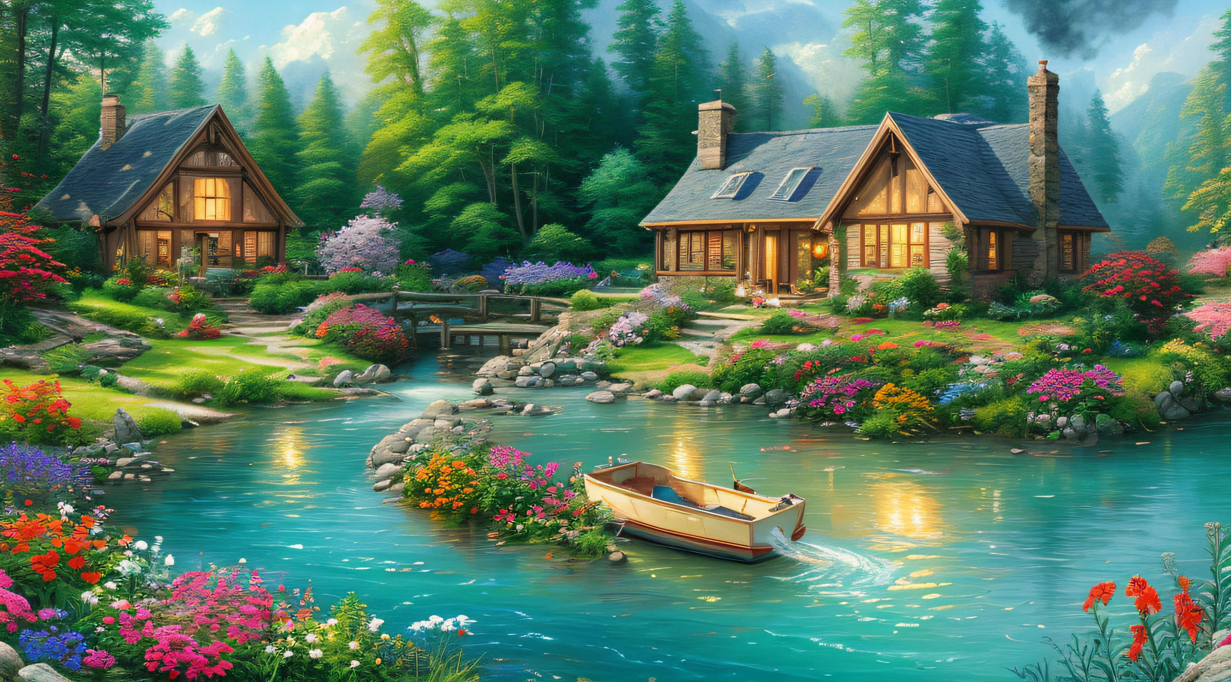 landscape, water, cottage, smoke, boat in the water, flowers ,stream, color full (extremely detailed CG unity 8k wallpaper), most beautiful artwork in the world, professional majestic oil painting, intricate, High Detail, Sharp focus, dramatic, photorealistic painting art, style of Thomas Kinkade