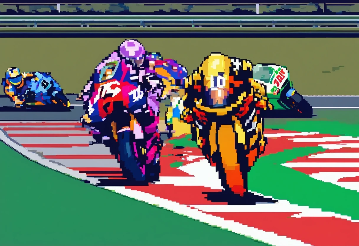 style of MotoGP, pixel art, super nintendo art, site, hidden, vibrant, adventerous