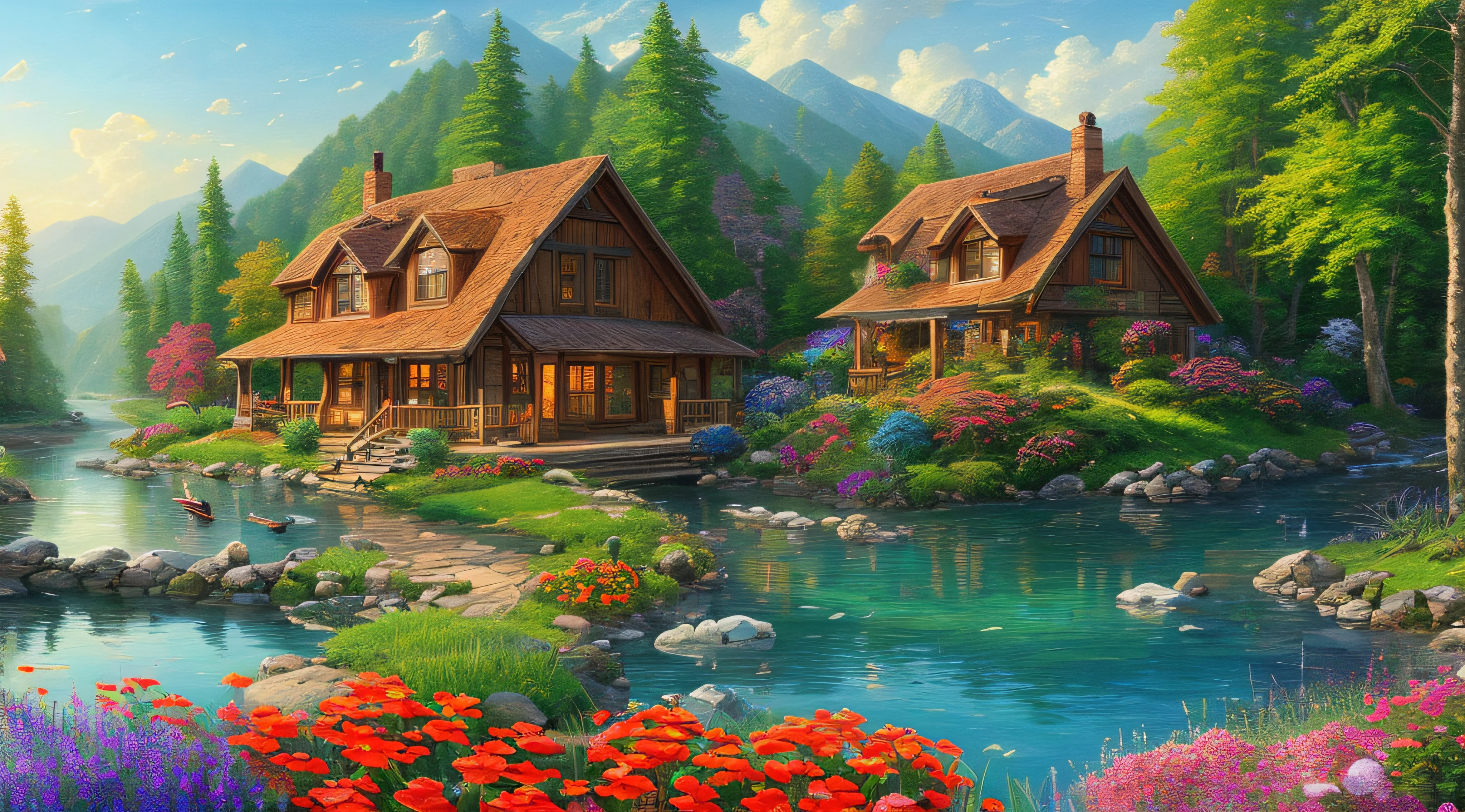landscape, water, cottage, smoke, boat in the water, flowers ,stream, color full (extremely detailed CG unity 8k wallpaper), most beautiful artwork in the world, professional majestic oil painting, intricate, High Detail, Sharp focus, dramatic, photorealistic painting art, style of Thomas Kinkade