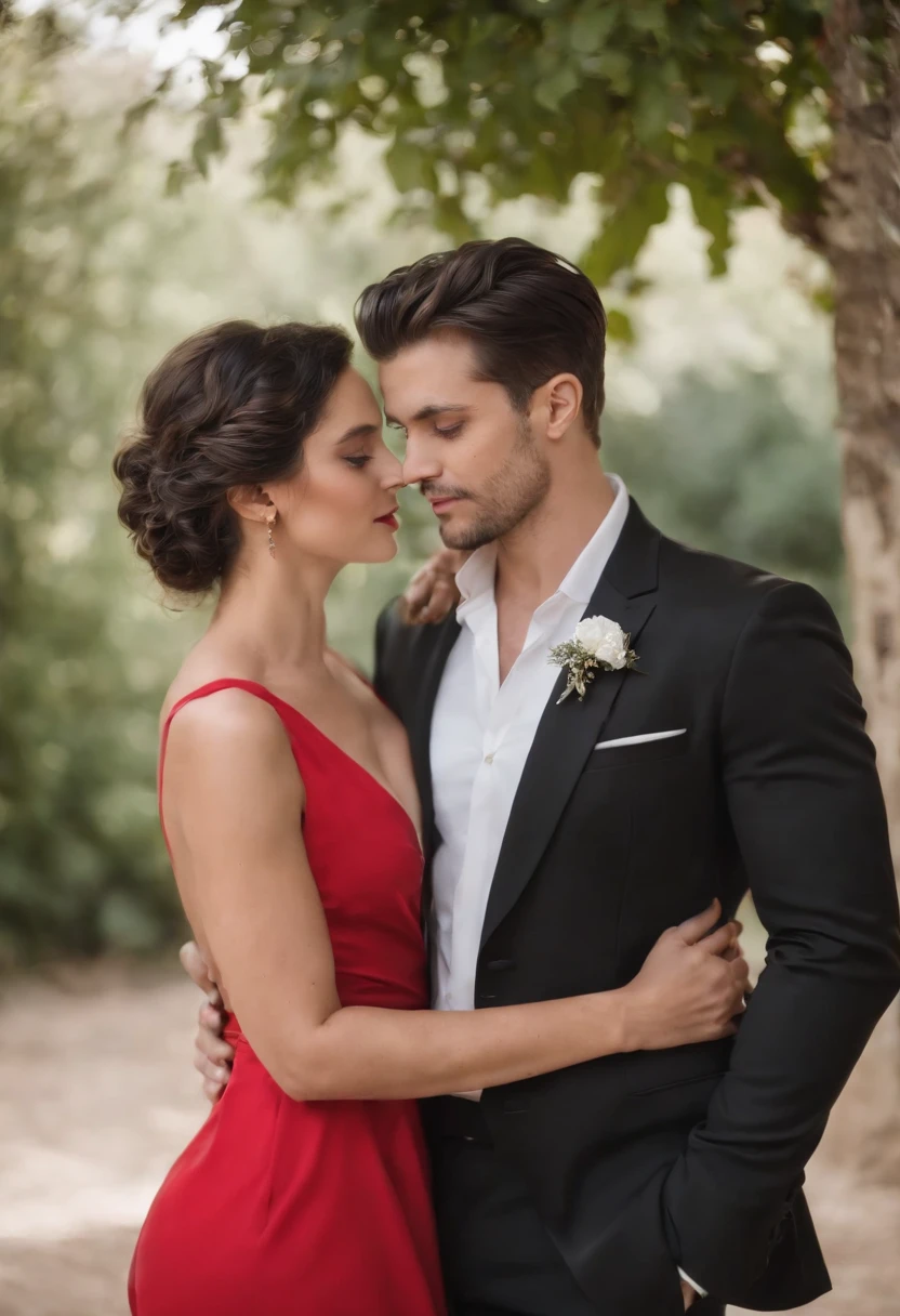 Homem de terno preto e mulher de vestido vermelho, um casal elegante, Lovely couple, romantic couple, homem e mulher, Photo Session, com longos cabelos pretos, Homem e mulher apaixonados, foto de retrato, pose de casal, par, attractive female, vestindo roupas pretas elegantes, com cabelos pretos, apelo masculino alta moda, Fumegante, muito intenso, sensual,