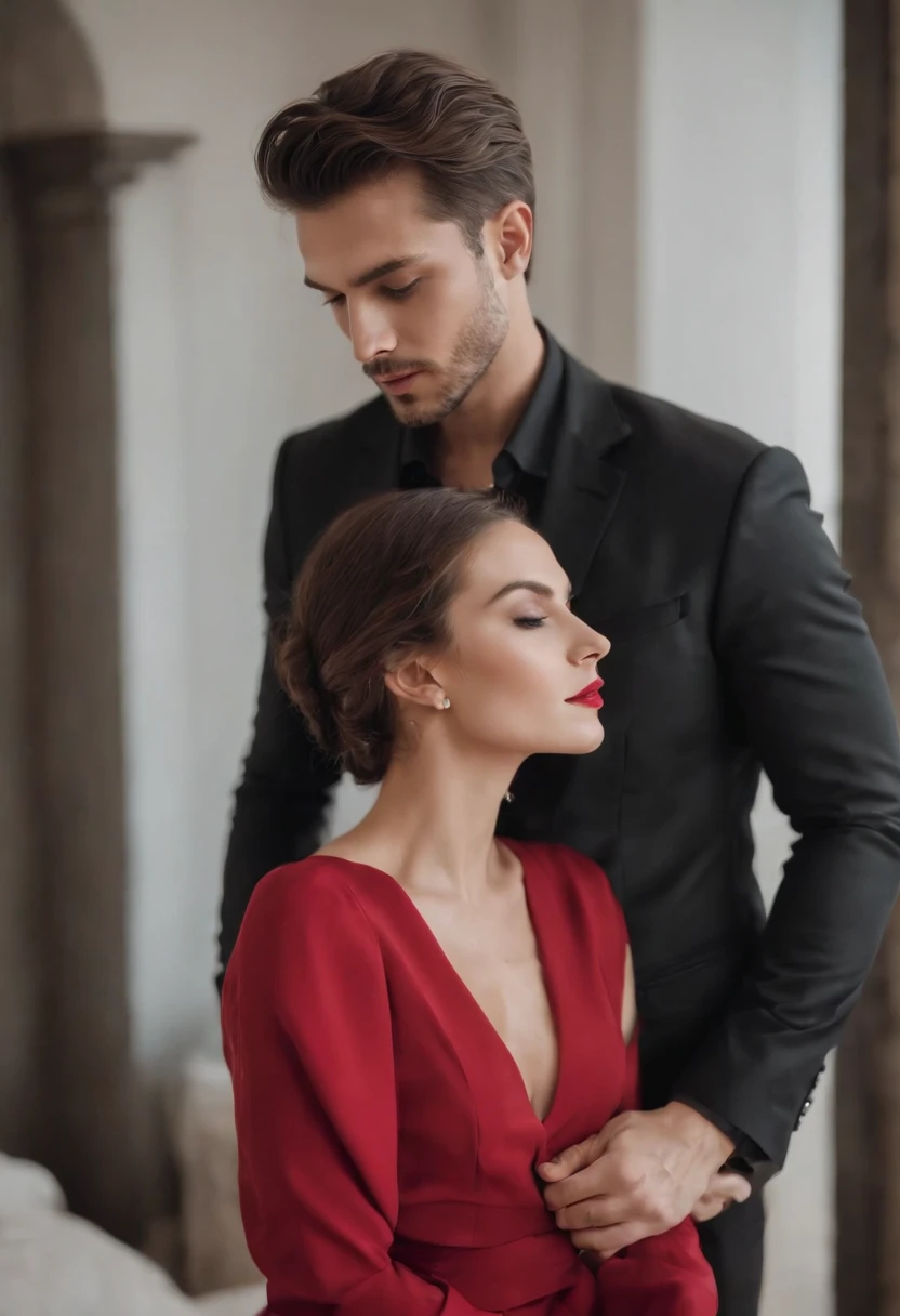 Homem forte de terno preto e mulher de vestido vermelho, um casal elegante, Lovely couple, romantic couple, homem e mulher, Photo Session, com longos cabelos pretos, Homem e mulher apaixonados, foto de retrato, pose de casal, par, attractive female, vestindo roupas pretas elegantes, com cabelos pretos, apelo masculino alta moda, Fumegante, muito intenso, sensual, homem musculoso