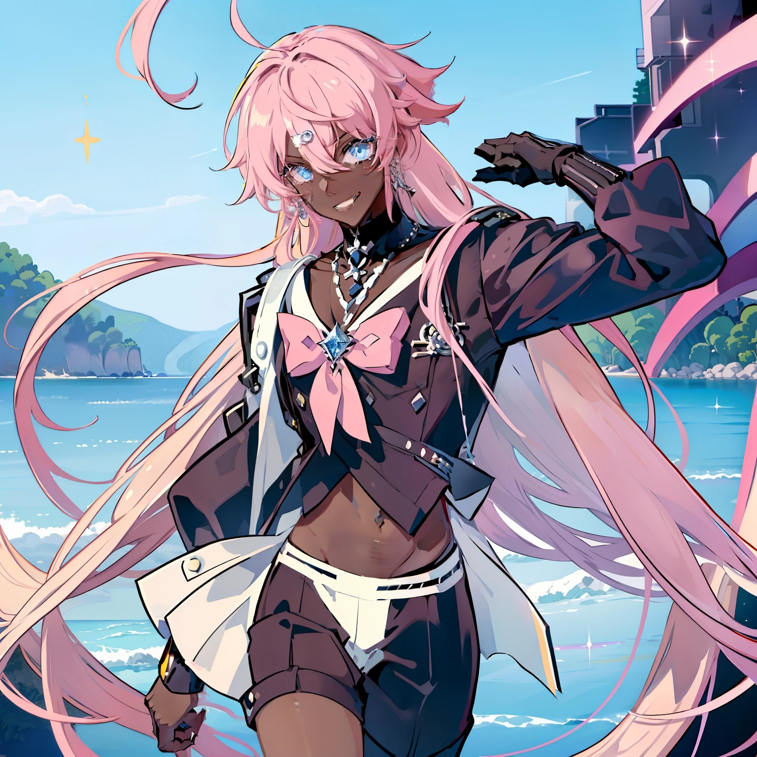 "Create a stunning artwork of a (( Beautiful,Man as hybrid of Sailor Moon with intricate details, vibrant colors, and dynamic poses, Smiling )), ((the Man has dark skin:1.4)) ,(( long white hair with Pink streaks ,)) and (( a Skimpy white and Pink Outfit with white shorts that shows his midriff)).incorporate elements of Sailor Moon's iconic outfit, such as the sailor collar and bow, while adding (black Rock Shooter unique style and attitude)). Show him in a powerful, Sexy and confident pose, Ensure the artwork is of the highest quality, with exquisite attention to detail and flawless execution.", sailor outfit